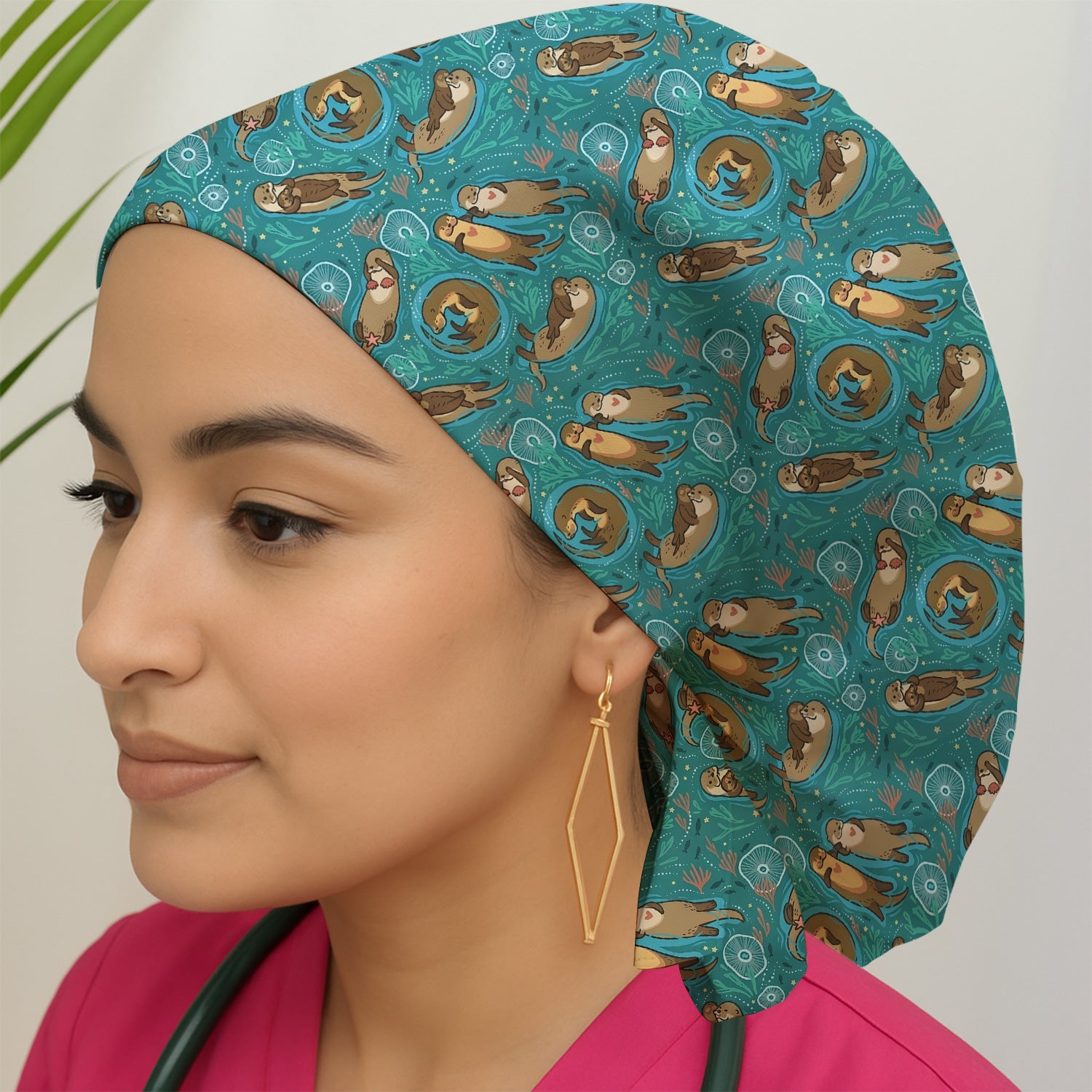 Sea Otter Floating Ocean Pattern Nurse Scrub Cap, Surgical Caps for Doctors