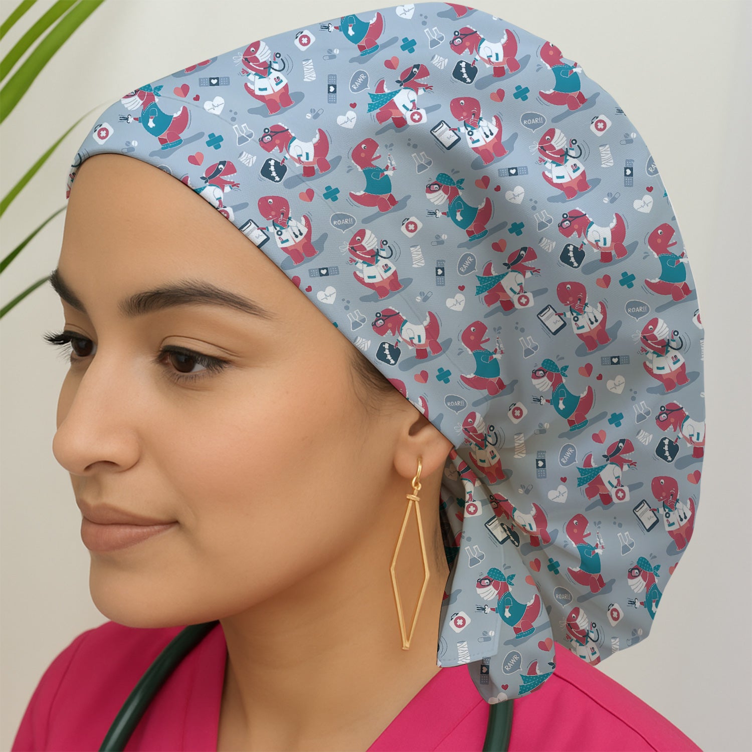 Cute Dinosaur Doctor Medical Pattern Cap, Bouffant Scrub Caps for Women
