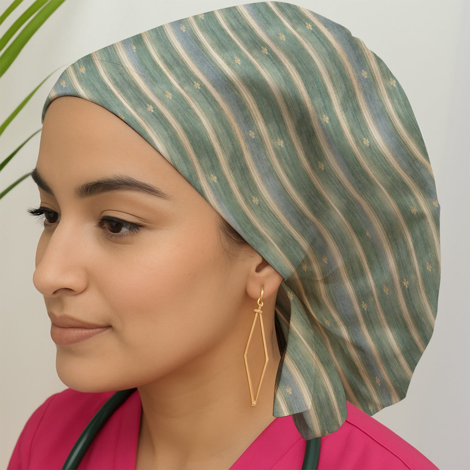 Charming Nurse Green Vertical Stripe Small Floral Pattern Scrub Cap, Bouffant Scrub Caps for Women