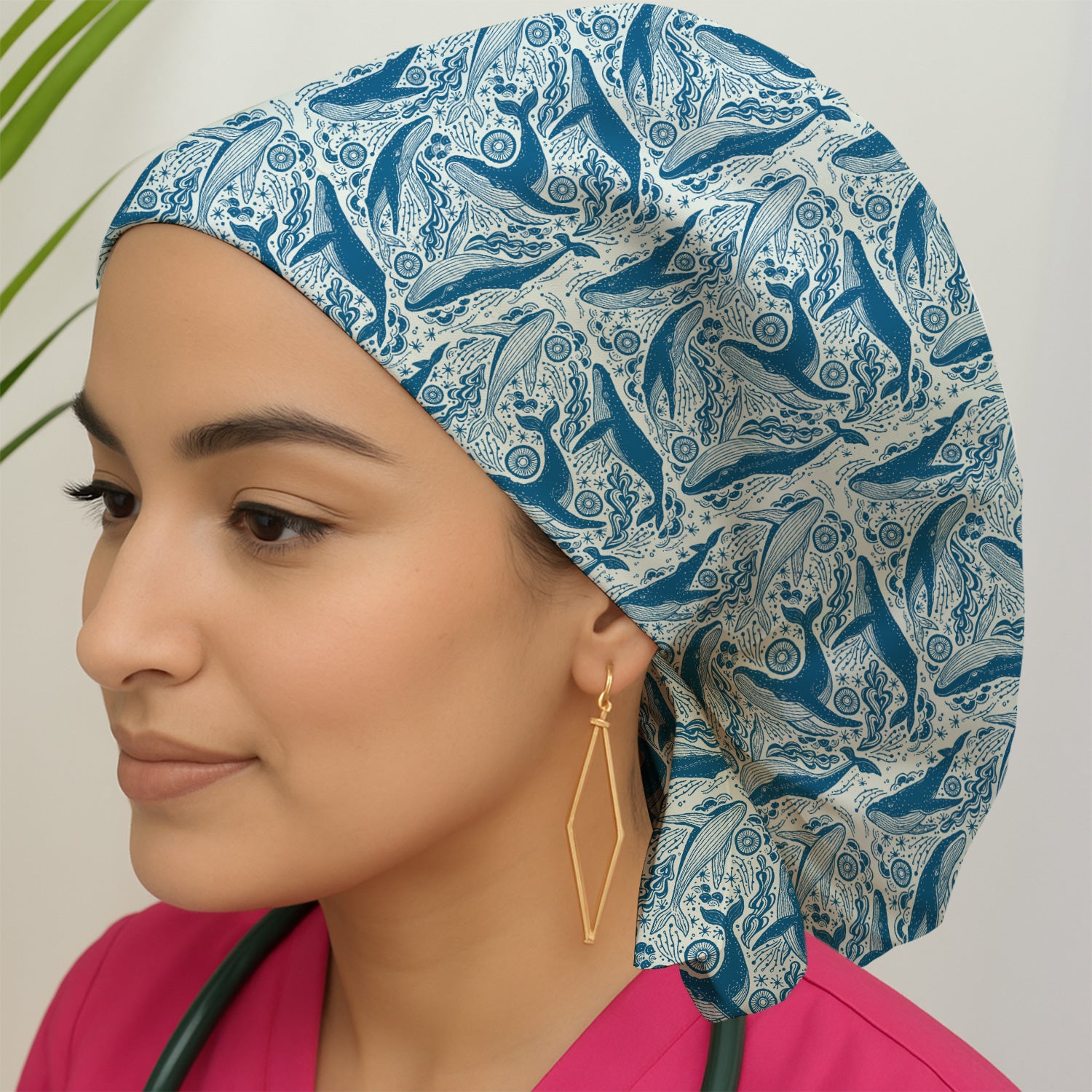 Blue Whale Ocean Pattern Scrub Cap, Breathable Fabrics Caps Uniform