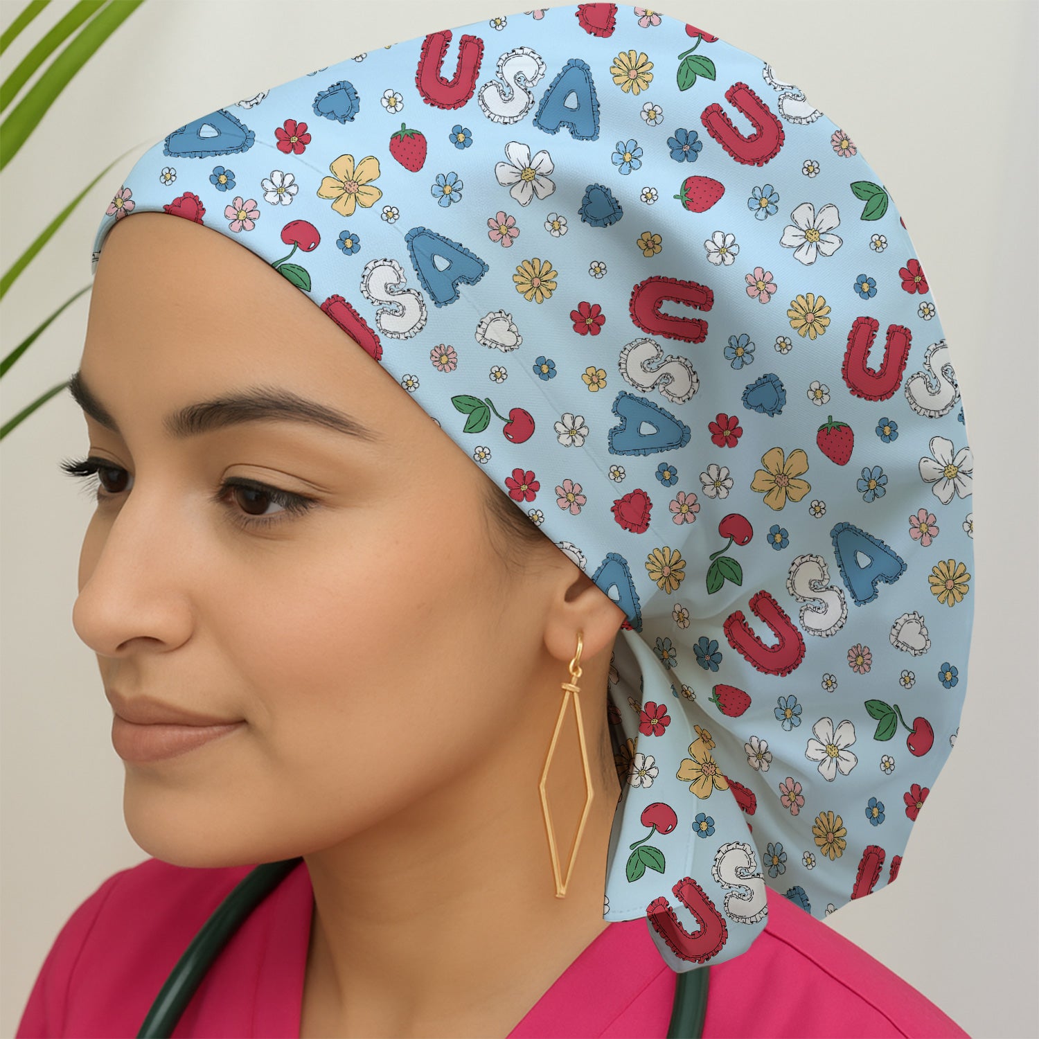 USA Cherry Strawberry Floral Patch Pattern Cap, Bouffant Scrub Caps for Women