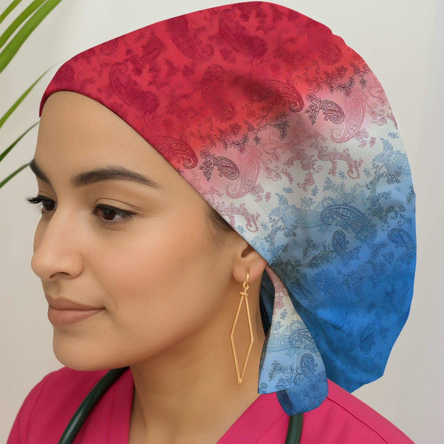 Red Blue Paisley Ombre Pattern Scrub Cap, Surgical Caps for Doctors