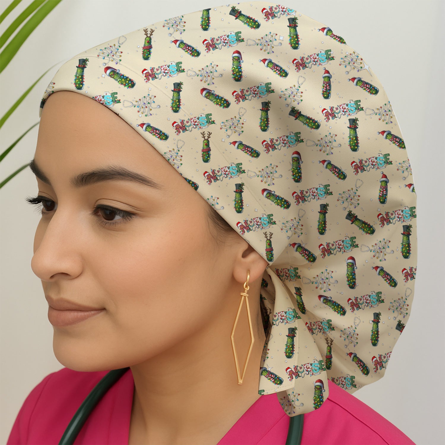 Christmas Nurse Scrub Cap with Buttons - Funny Pickle Holiday Surgical Hat for Women - Medical Bouffant Cap Long Hair