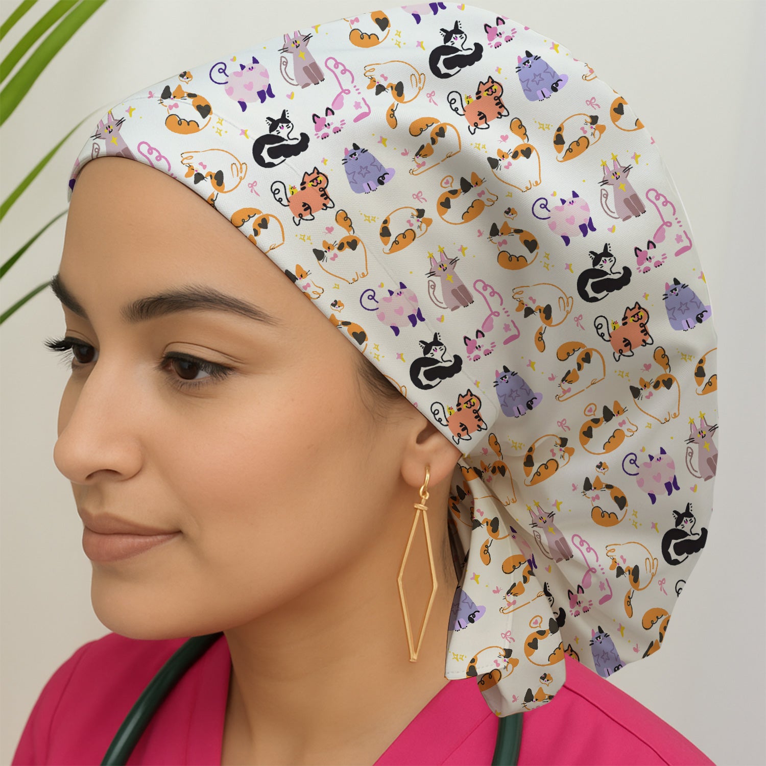 Funny Cat Pattern Scrub Cap, Cute Cats Nursing Uniform For Women