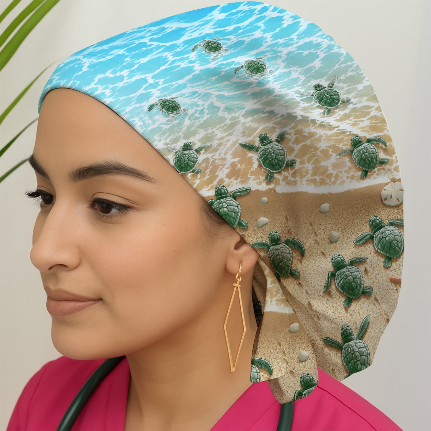 Coastal Sea Turtle Beach Pattern Scrub Cap, Surgical Caps for Doctors