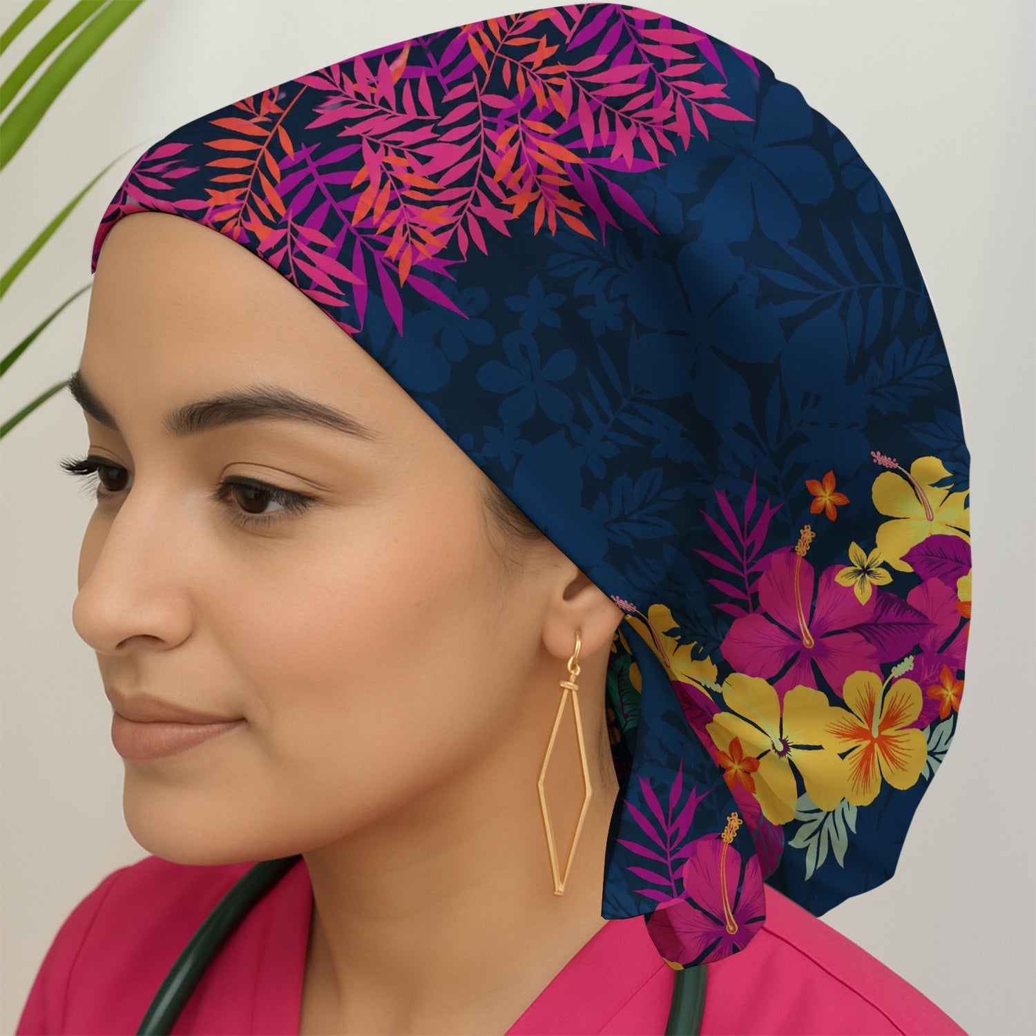 Tropical Hibiscus Palm Leaf Pattern Scrub Cap, Surgical Caps for Doctors