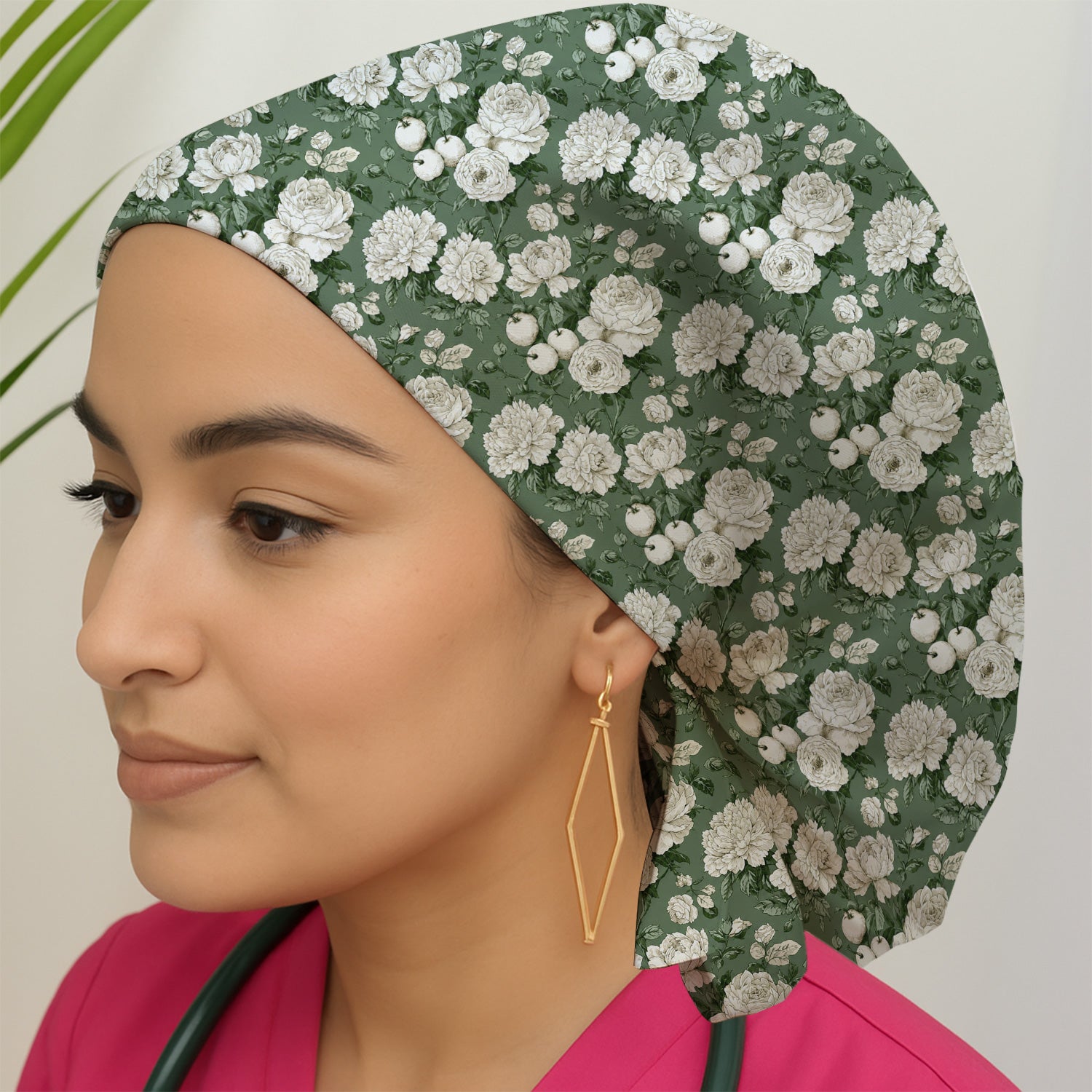 Elegant White Rose Garden Pattern Scrub Cap, Surgical Caps for Doctors