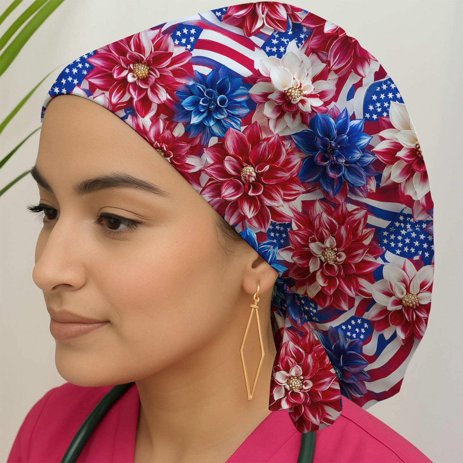 Festive Patriotic Floral Flag Pattern Scrub Cap, Surgical Caps for Doctors