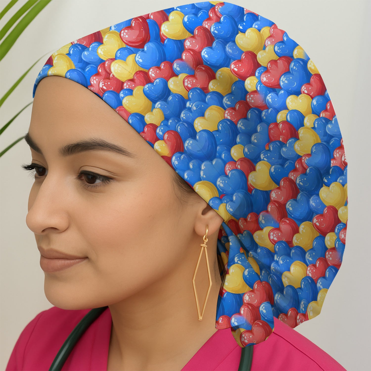Colorful Autism Heart Pattern Print Cap, Bouffant Scrub Caps for Women