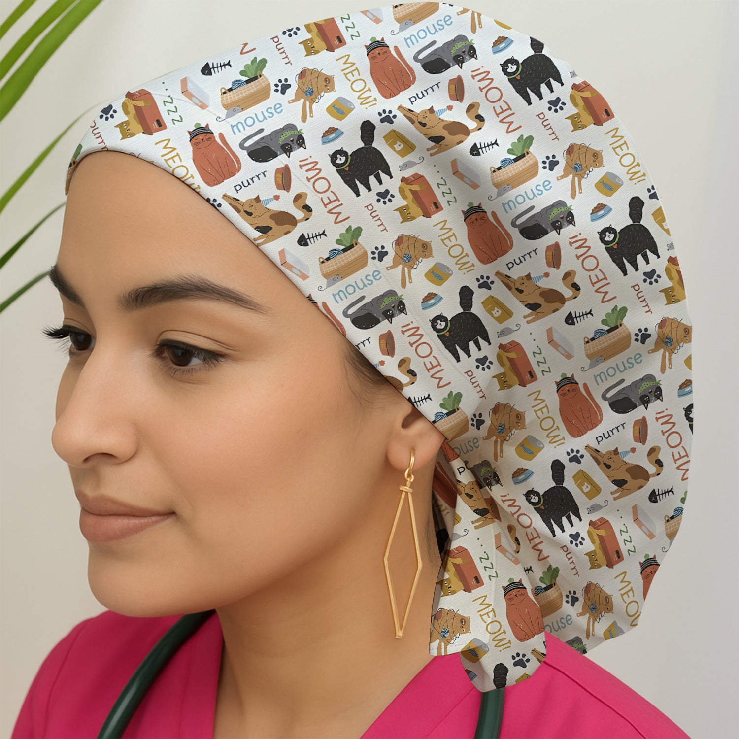 Meow Purr Cat Life Print Scrub Cap, Bouffant Scrub Caps for Women