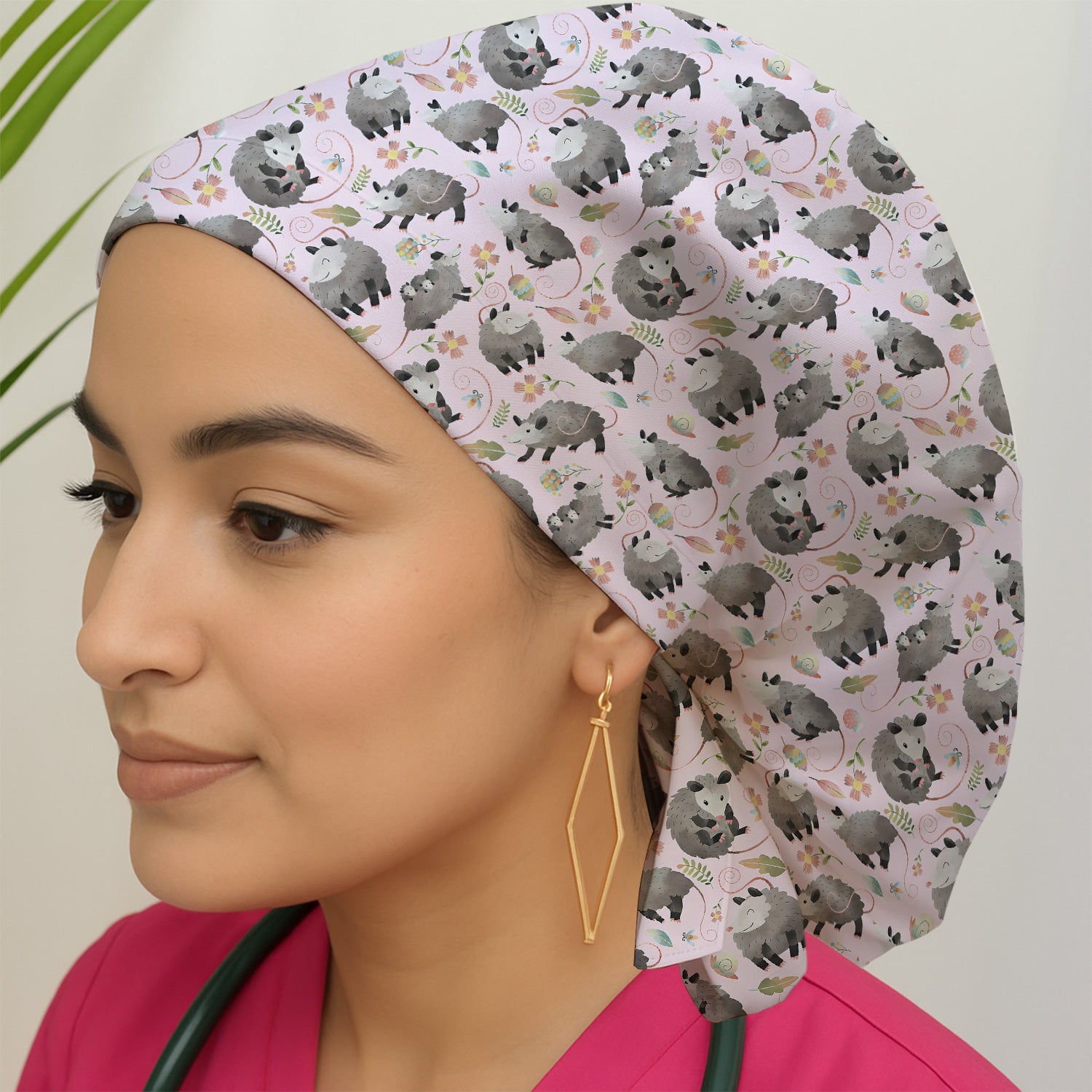 Cute Opossum Playing Flower Garden Pattern Nurse Scrub Cap, Surgical Caps for Doctors