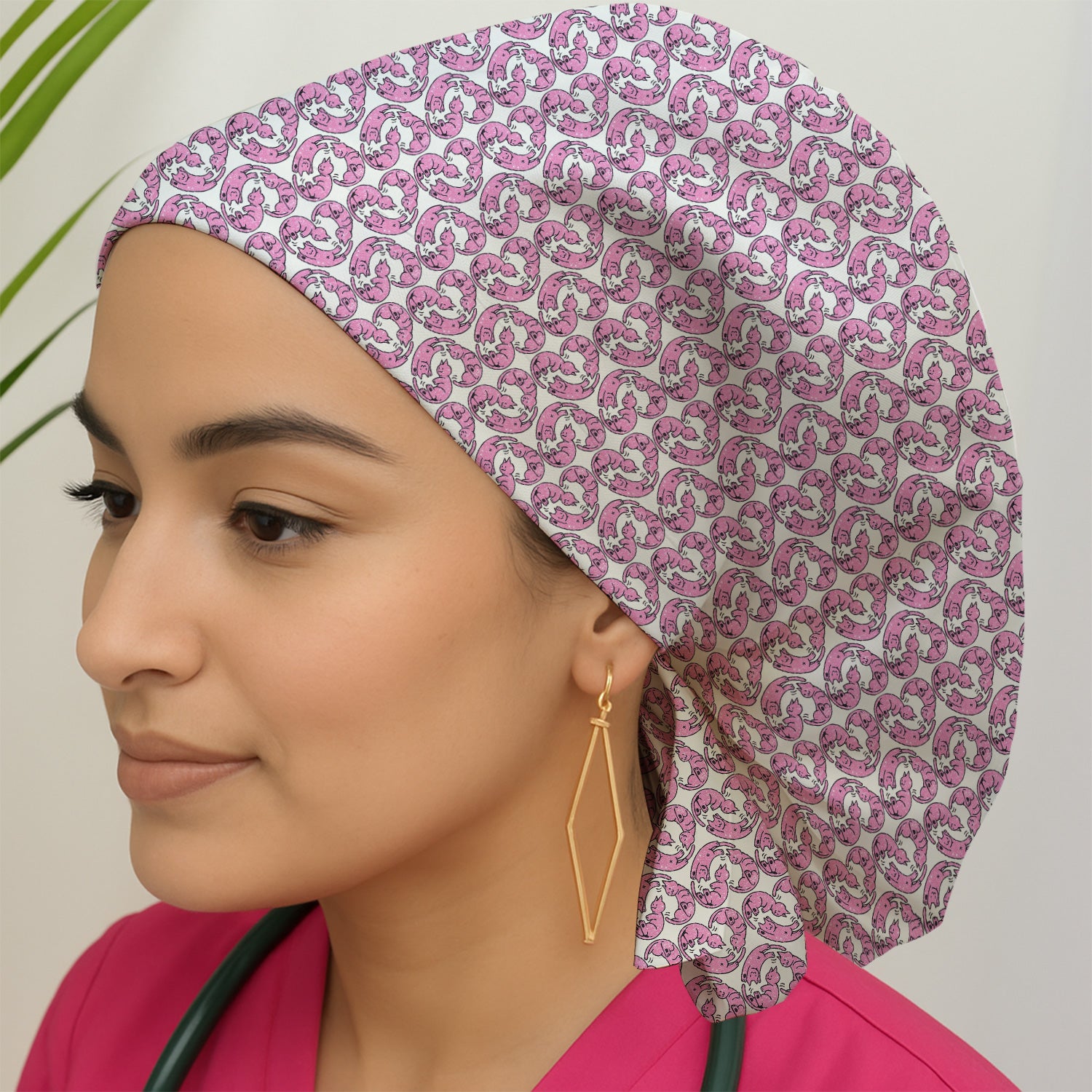 Cute Pink Cat Cartoon Pattern Cap, Bouffant Scrub Caps for Women