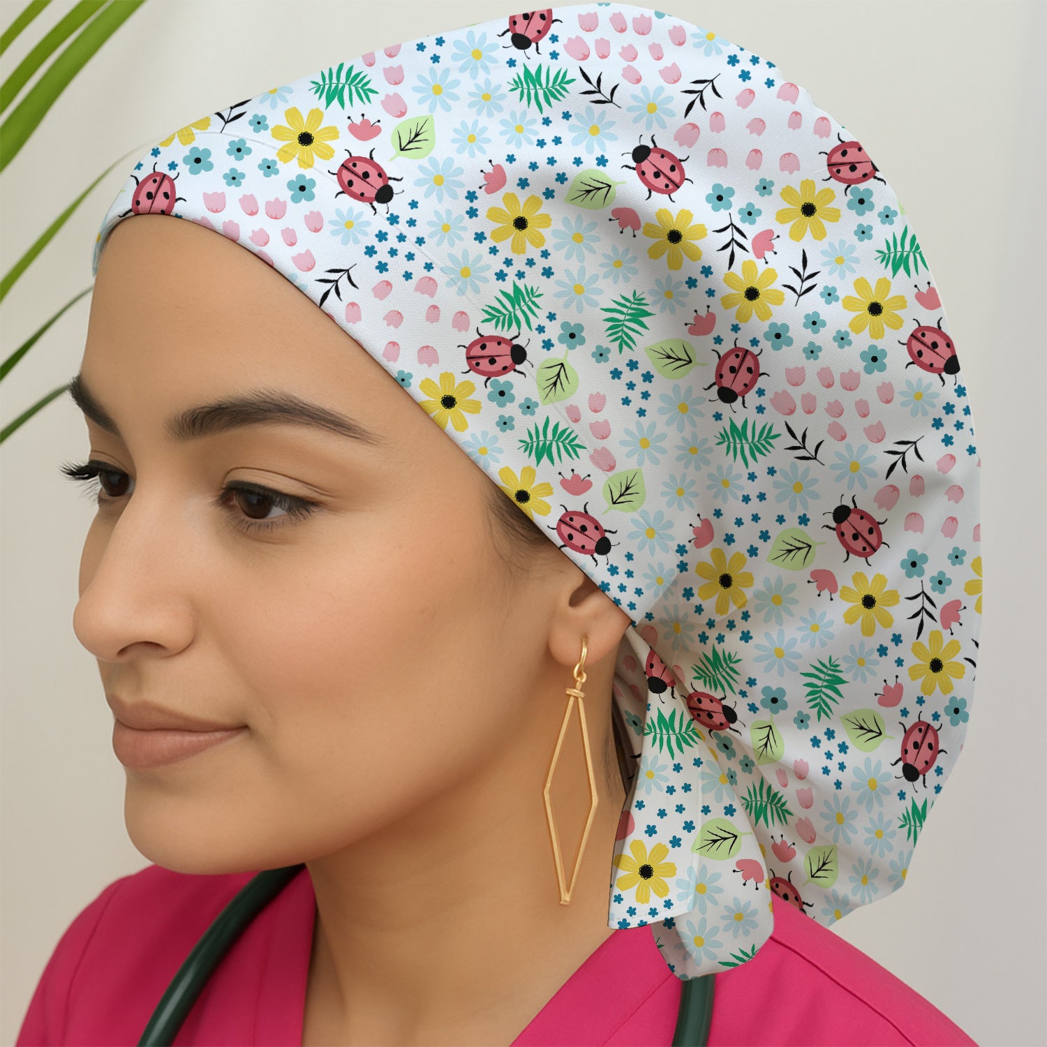 Cute Ladybug Floral Garden Print Scrub Cap, Surgical Caps for Doctors