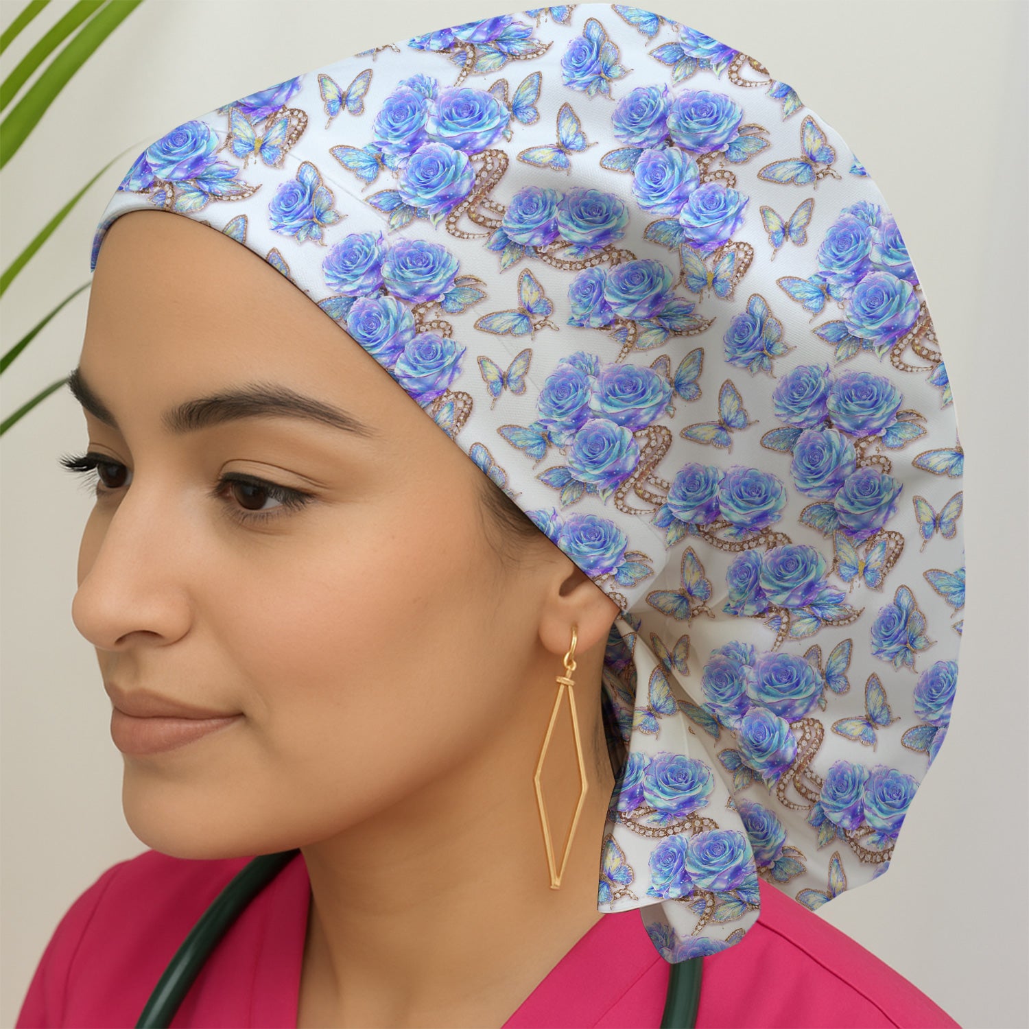 Elegant Blue Rose Floral Scrub Cap, Comfortable Bouffant Cap for Nurses