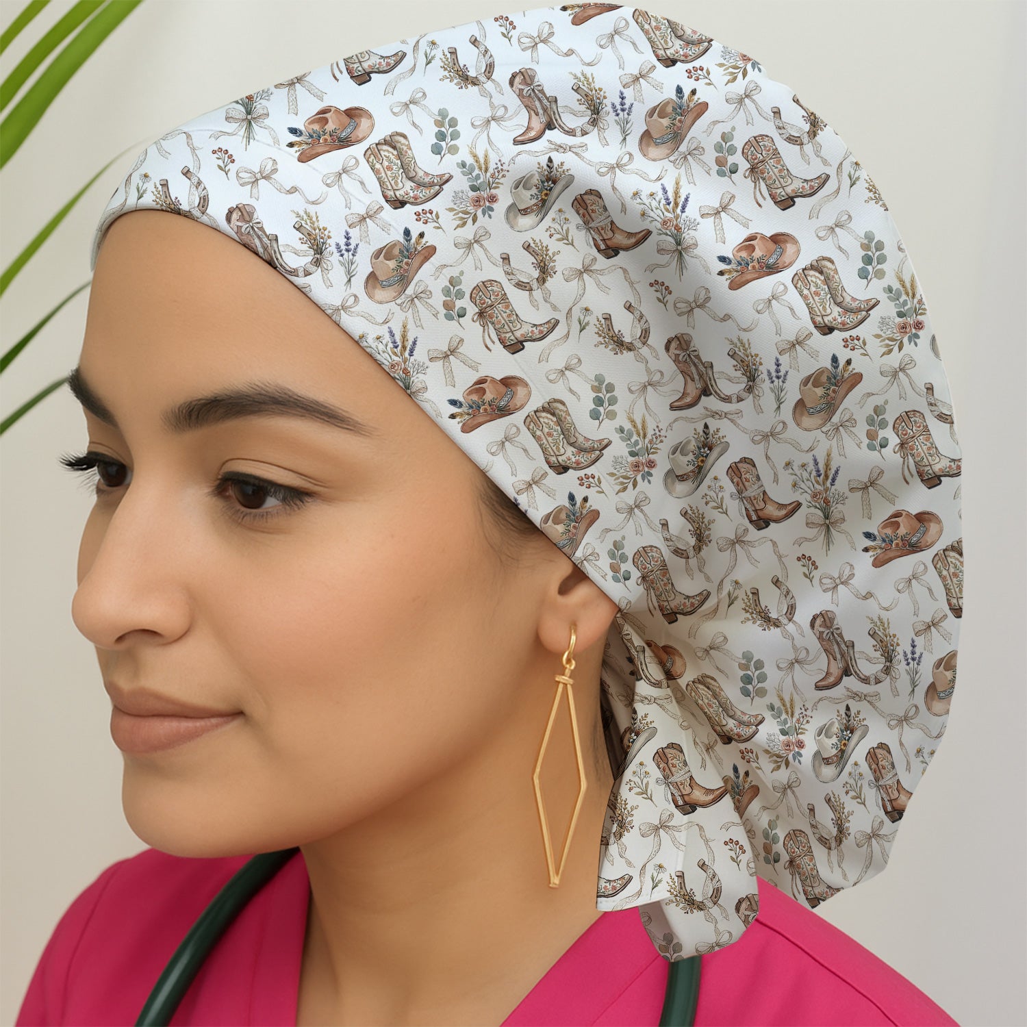 Western Cowboy Boots Hat Floral Pattern Nurse Scrub Cap, Surgical Caps for Doctors