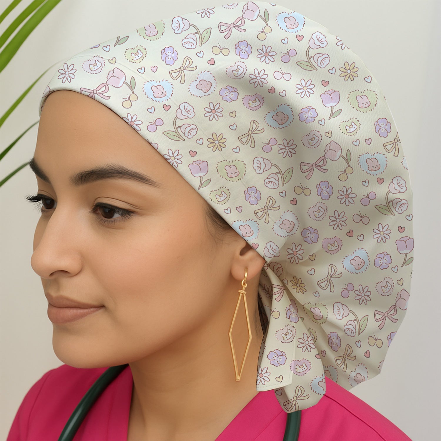Pastel Bunny Flower Heart Pattern Nurse Scrub Cap, Surgical Caps for Doctors