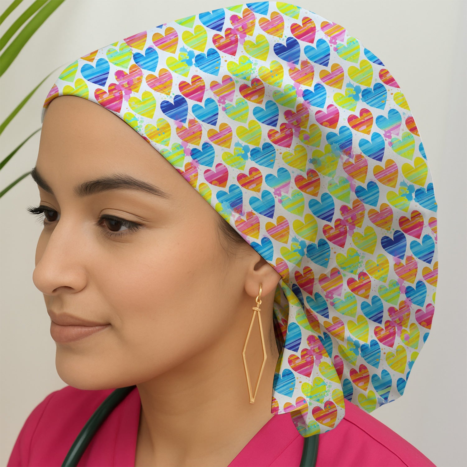 Bright Multicolor Rainbow Heart All Over Print Pattern Cap, Bouffant Scrub Caps for Women