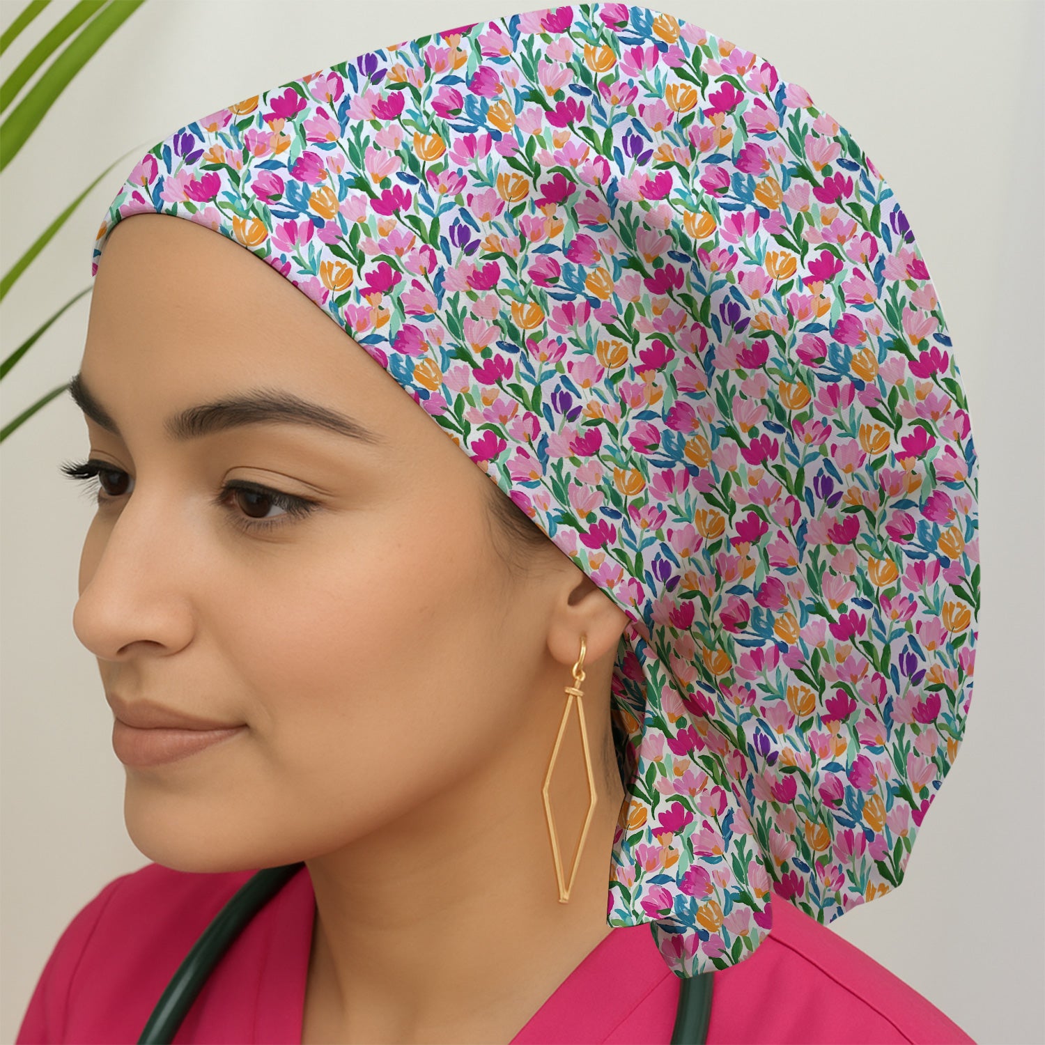 Vibrant Tulip Meadow Pattern Scrub Cap, Breathable Fabrics Caps Uniform