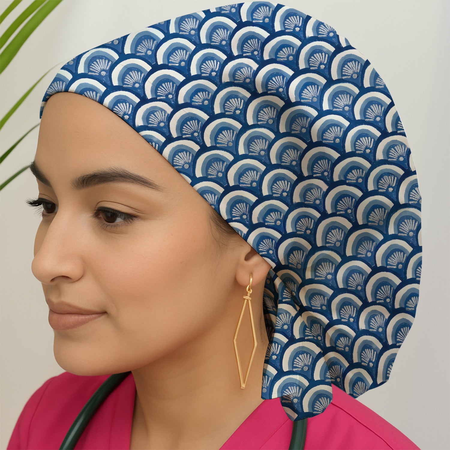 Blue Seashell Pattern Scrub Cap, Breathable Fabrics Caps Uniform