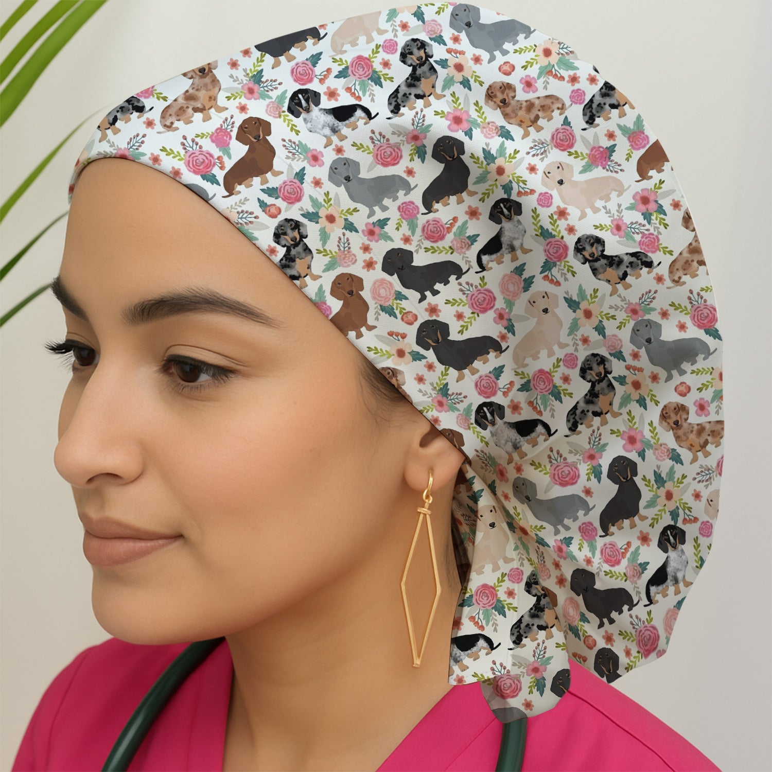 Adorable Dachshund Floral Pattern Scrub Cap, Breathable Fabrics Caps Uniform