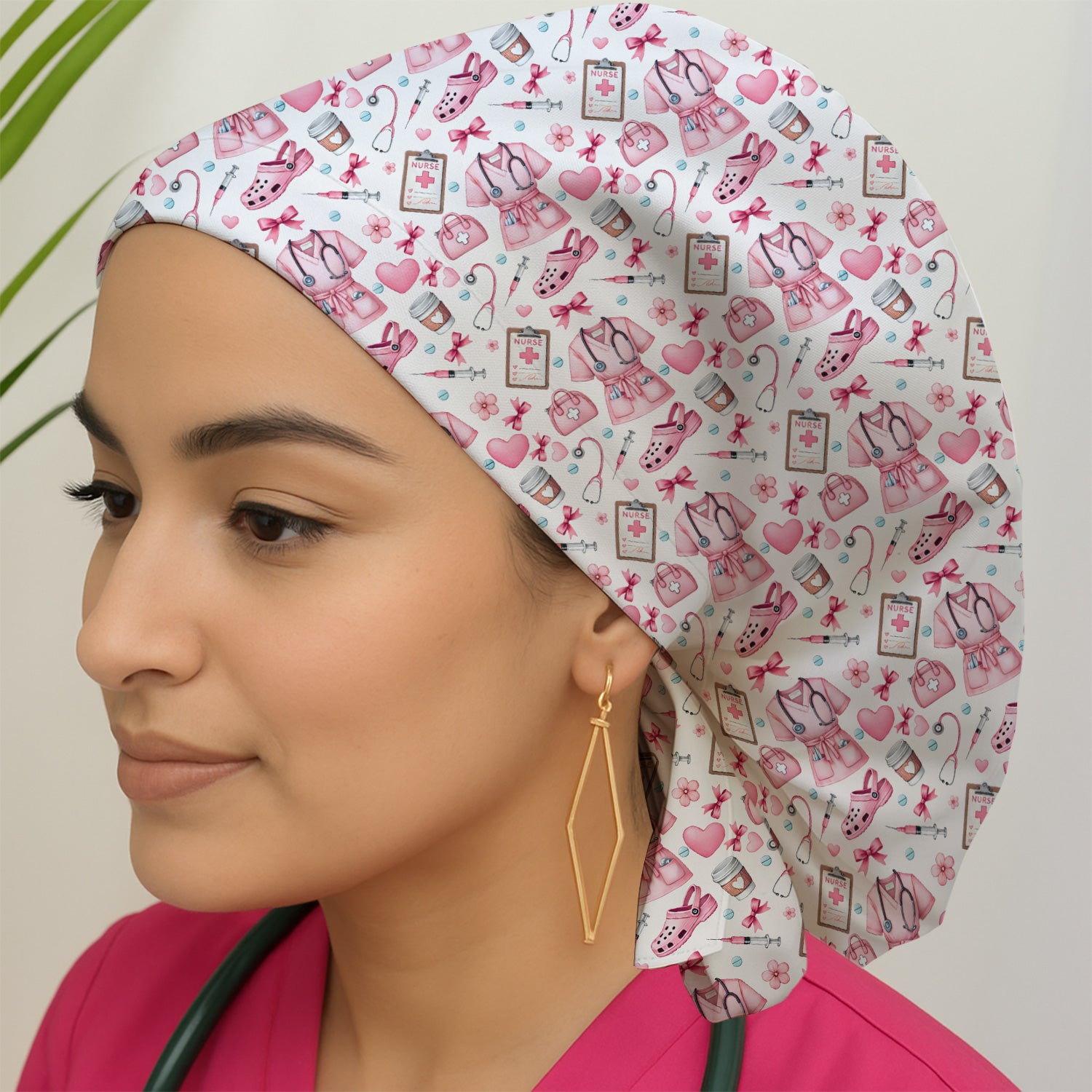Valentine Pink Nurse Icons Print Scrub Cap, Bouffant Scrub Caps for Women