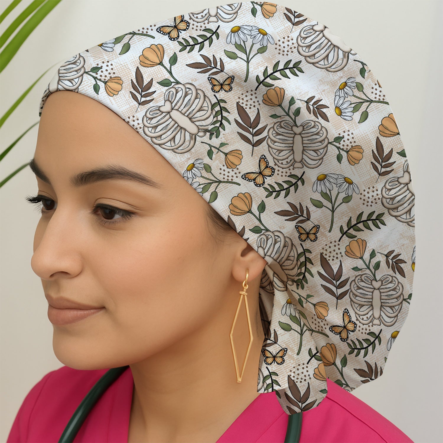 Skeleton Ribcage With Daisy And Butterfly Floral Scrub Cap, Surgical Caps for Doctors