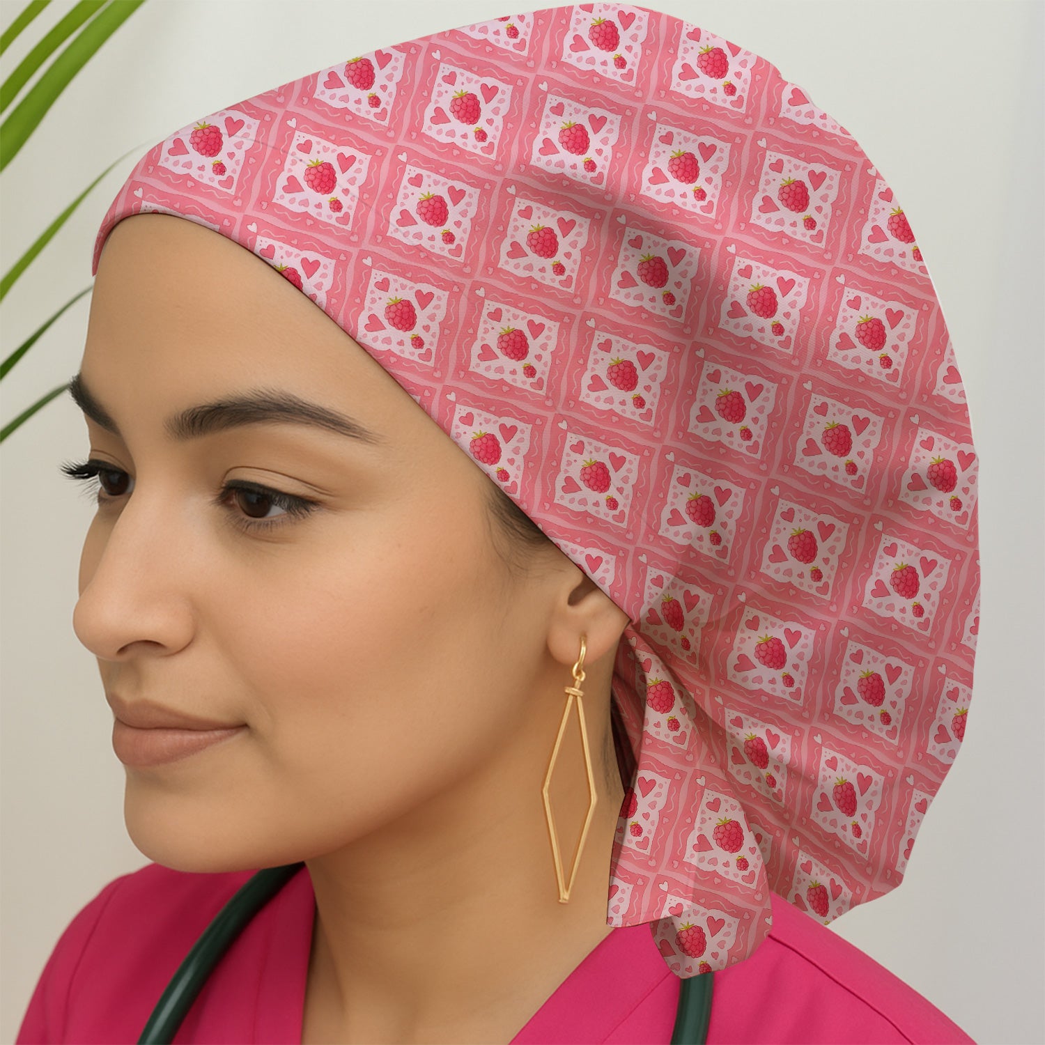 Sweet Red Cherry Gingham Pattern Print Cap, Surgical Caps for Nurses