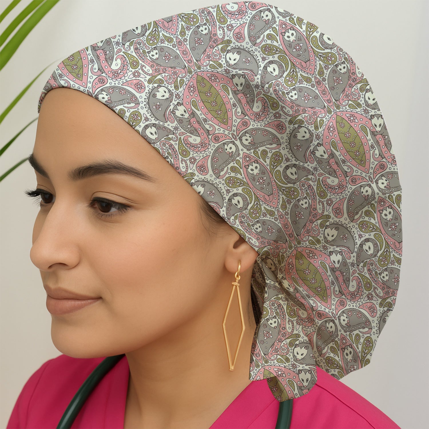 Opossum Paisley Pattern Scrub Cap, Breathable Fabrics Caps Uniform