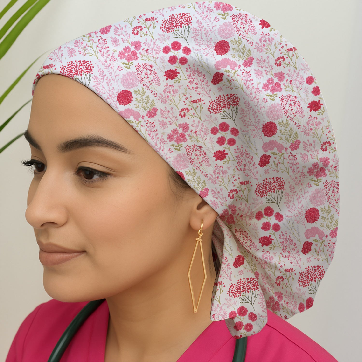 Pink Floral Pattern Allover Print Scrub Cap, Breathable Fabrics Caps Uniform