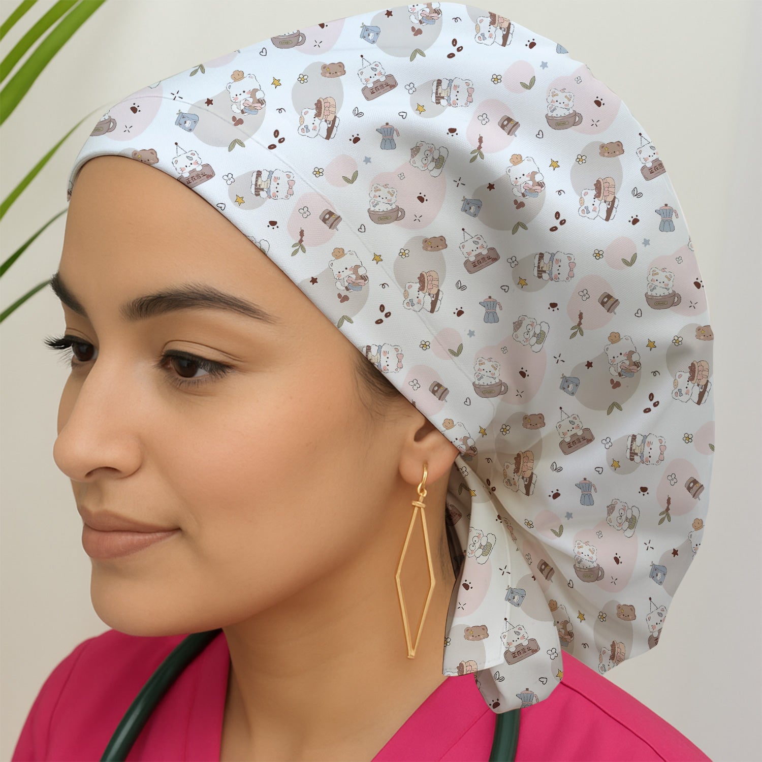 Cute Cat With Coffee Paw Heart Pattern Scrub Cap, Surgical Caps for Doctors