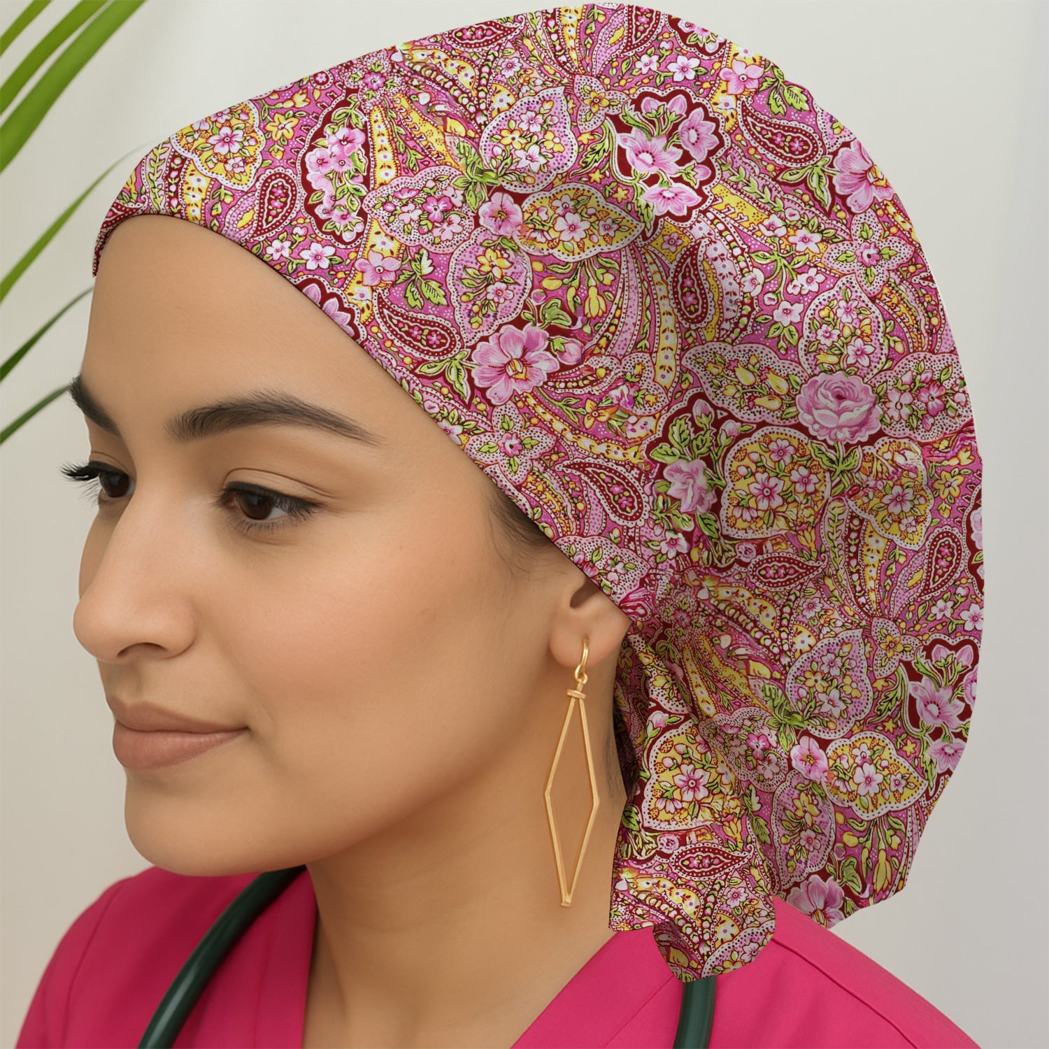 Pink Floral Paisley Blossom Print Scrub Cap, Bouffant Scrub Caps for Women