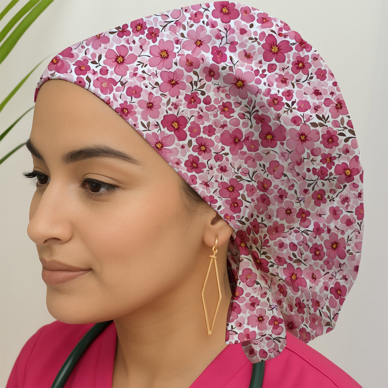 Pink Cherry Blossom Floral Pattern Print Cap, Surgical Caps for Nurses