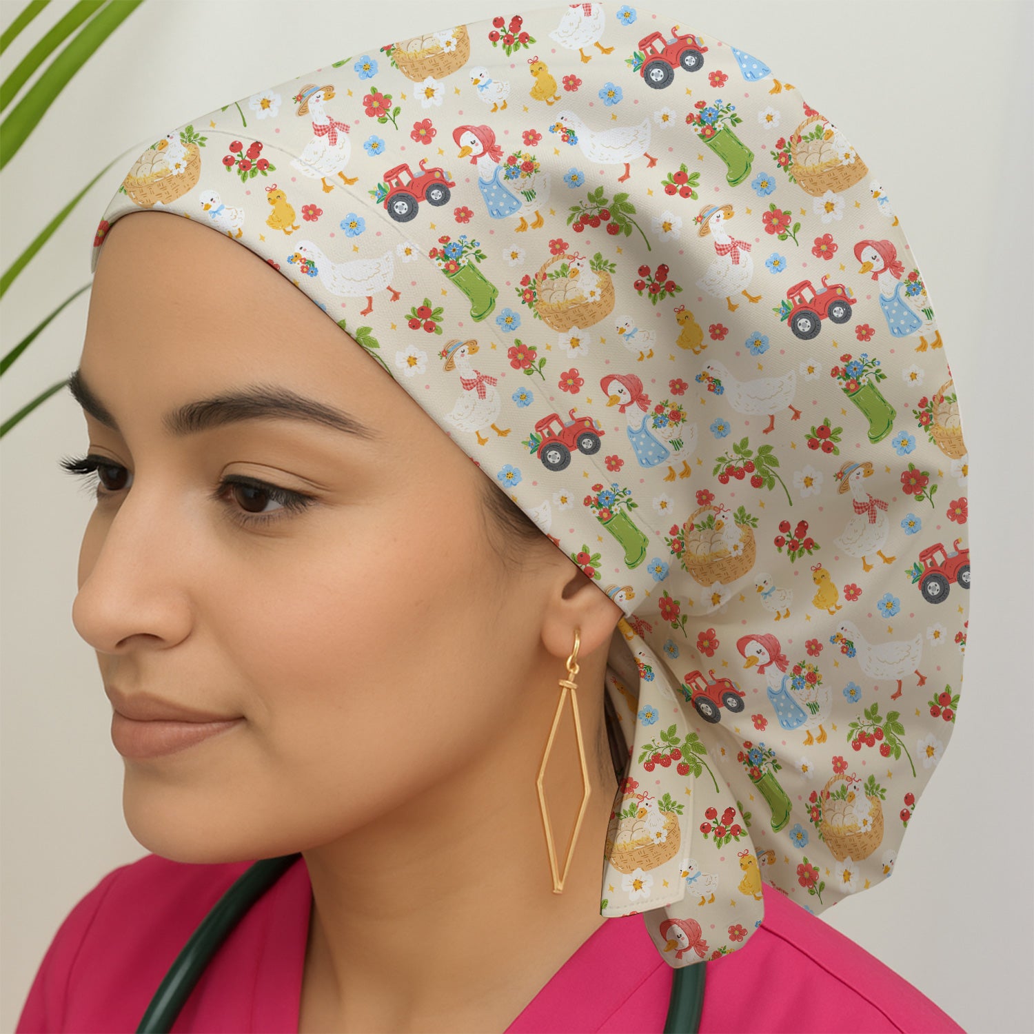 Farm Duck Chicken Tractor Flower Basket Scrub Cap, Surgical Caps for Doctors