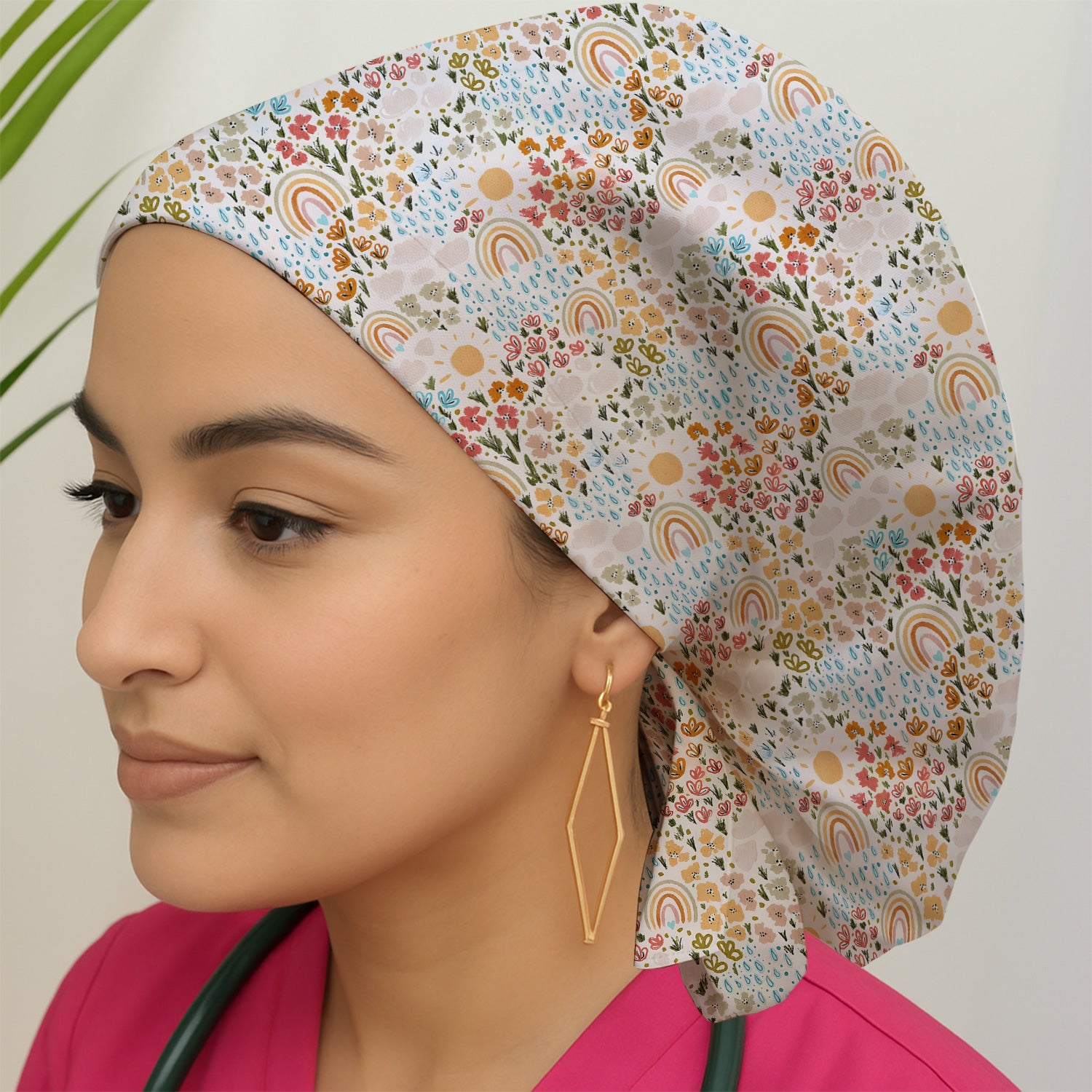 Cute Wildflower Meadow With Rainbow Sun And Raindrops Scrub Cap, Surgical Caps for Doctors