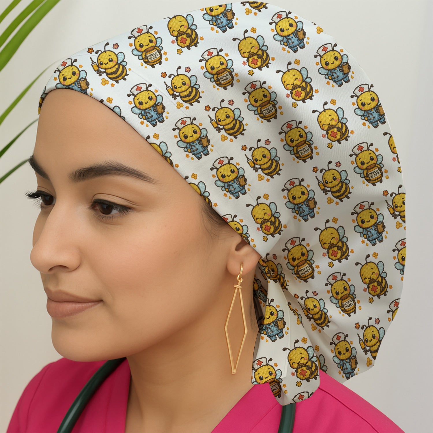 Cute Nurse Bee Scrub Cap, Kawaii Medical Honey Bee Pattern Cap for Nursing Professionals