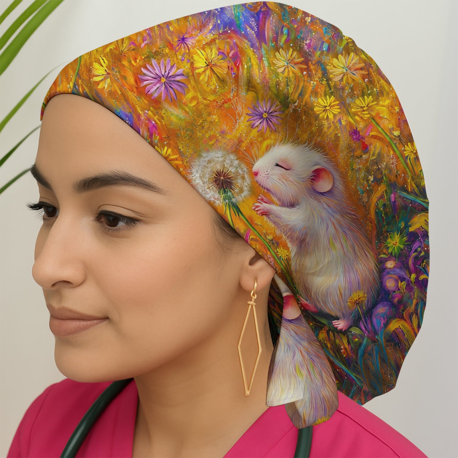 Cute Whimsical Mouse Dandelion Pattern Scrub Cap, Surgical Caps for Doctors