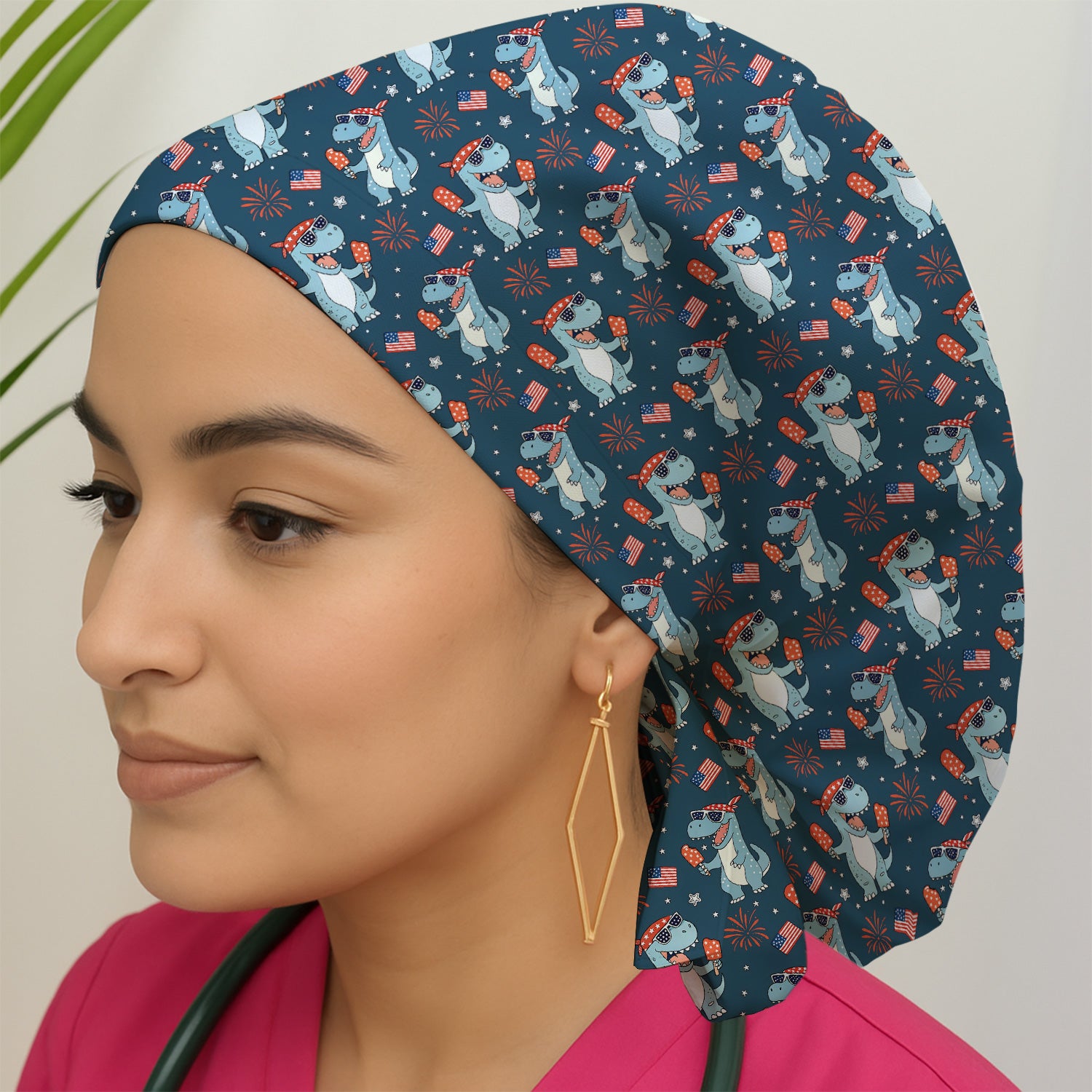 Dinosaur With Flag American Pattern Scrub Cap, Surgical Caps for Doctors