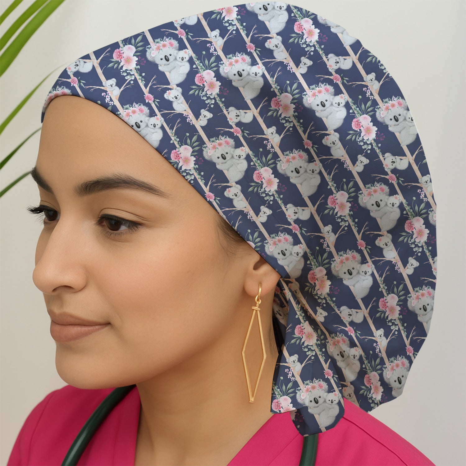 Cute Koala Climbing Tree Blossom Pattern Nurse Scrub Cap, Surgical Caps for Doctors