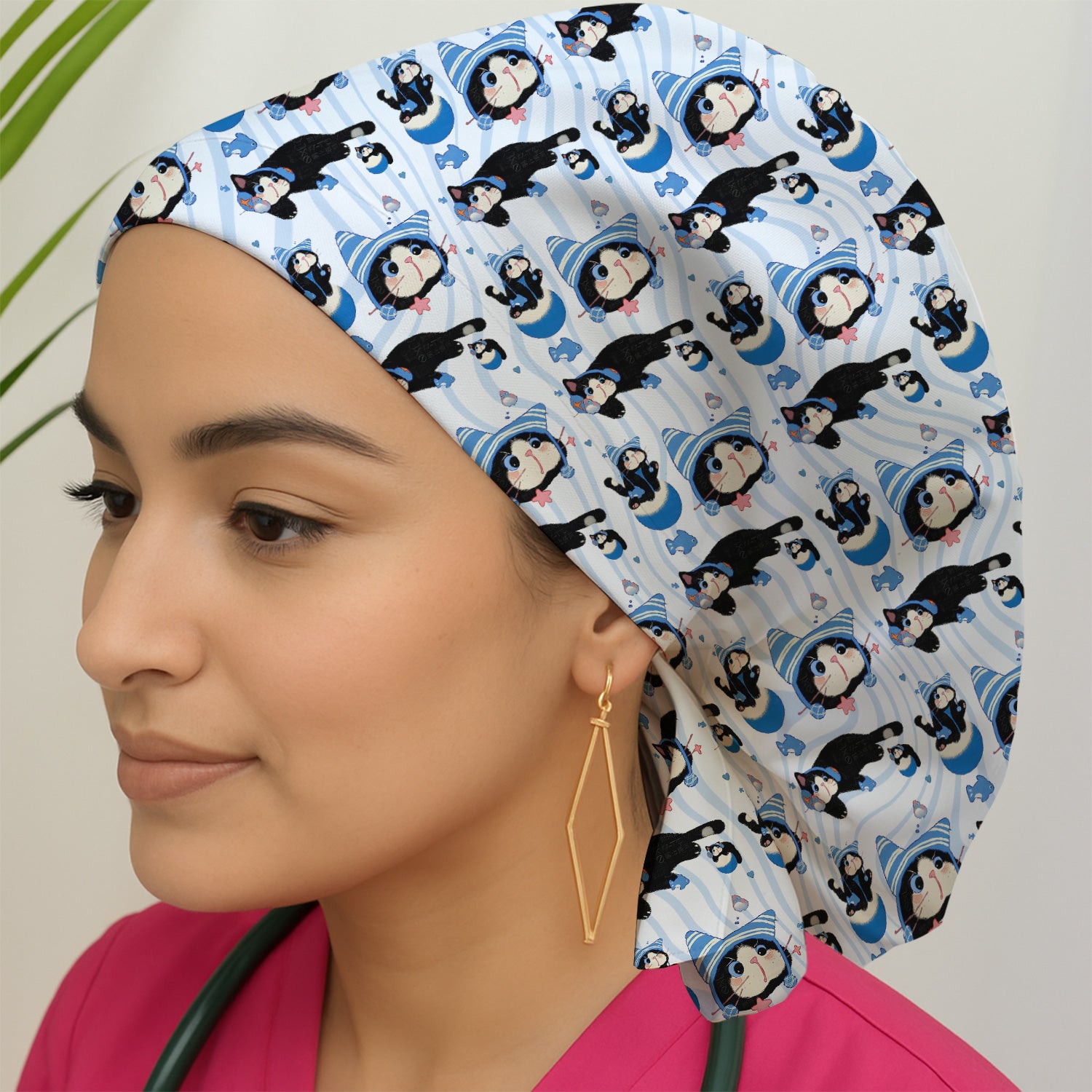 Charming Kitten Fish Pattern Surgical Cap, Breathable Fabrics Caps Uniform