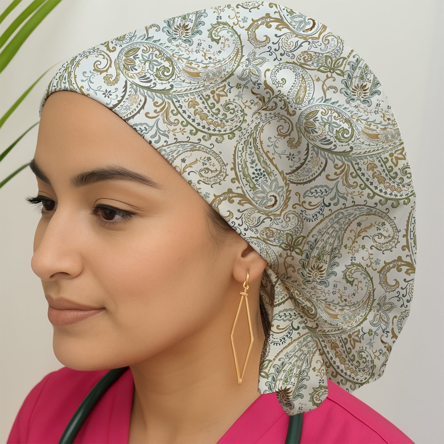 Elegant Sage Green Vintage Paisley Floral Vine Pattern Scrub Cap, Bouffant Scrub Caps for Women