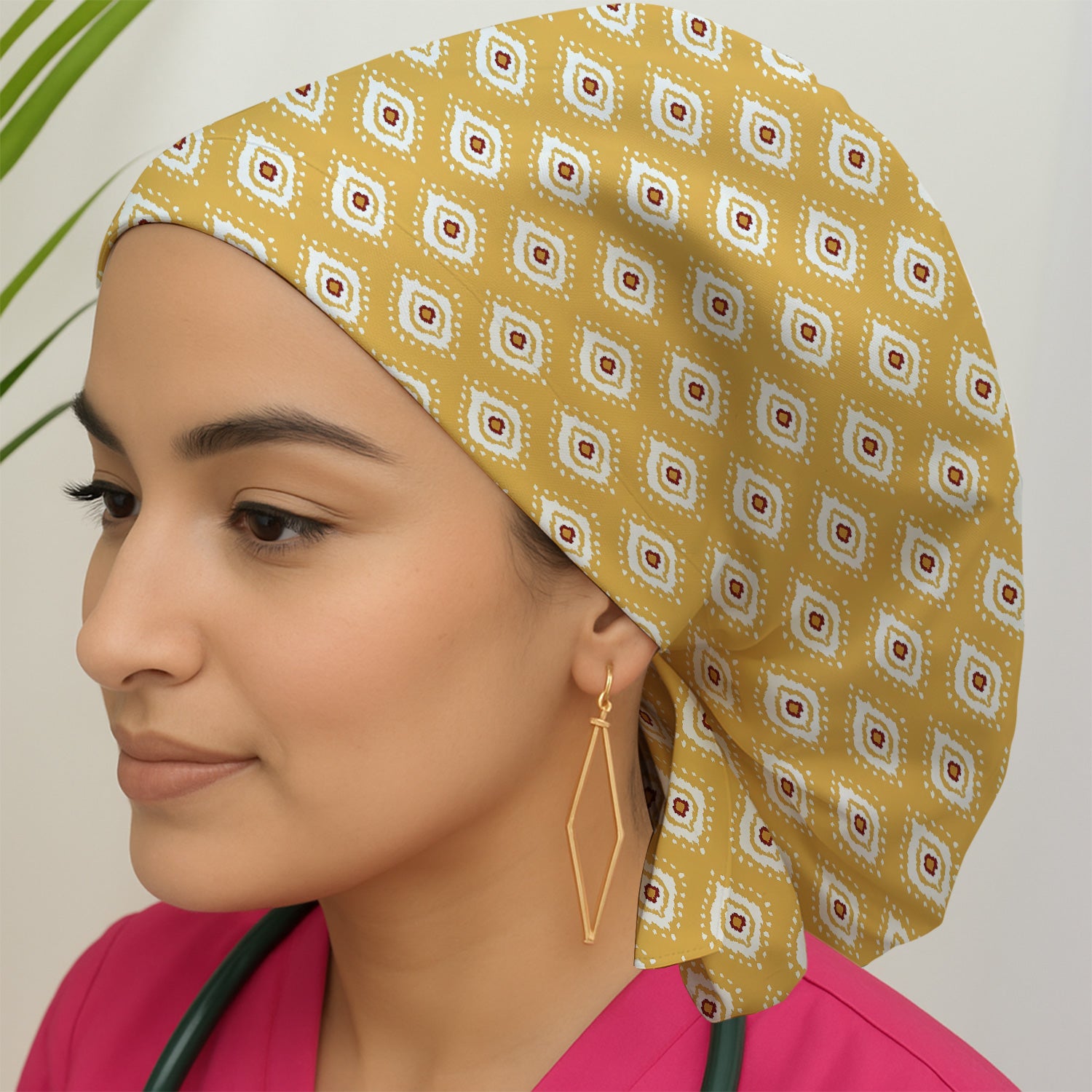 Cute Mustard Geometric Ikat Nurse Pattern Scrub Cap, Bouffant Scrub Caps for Women