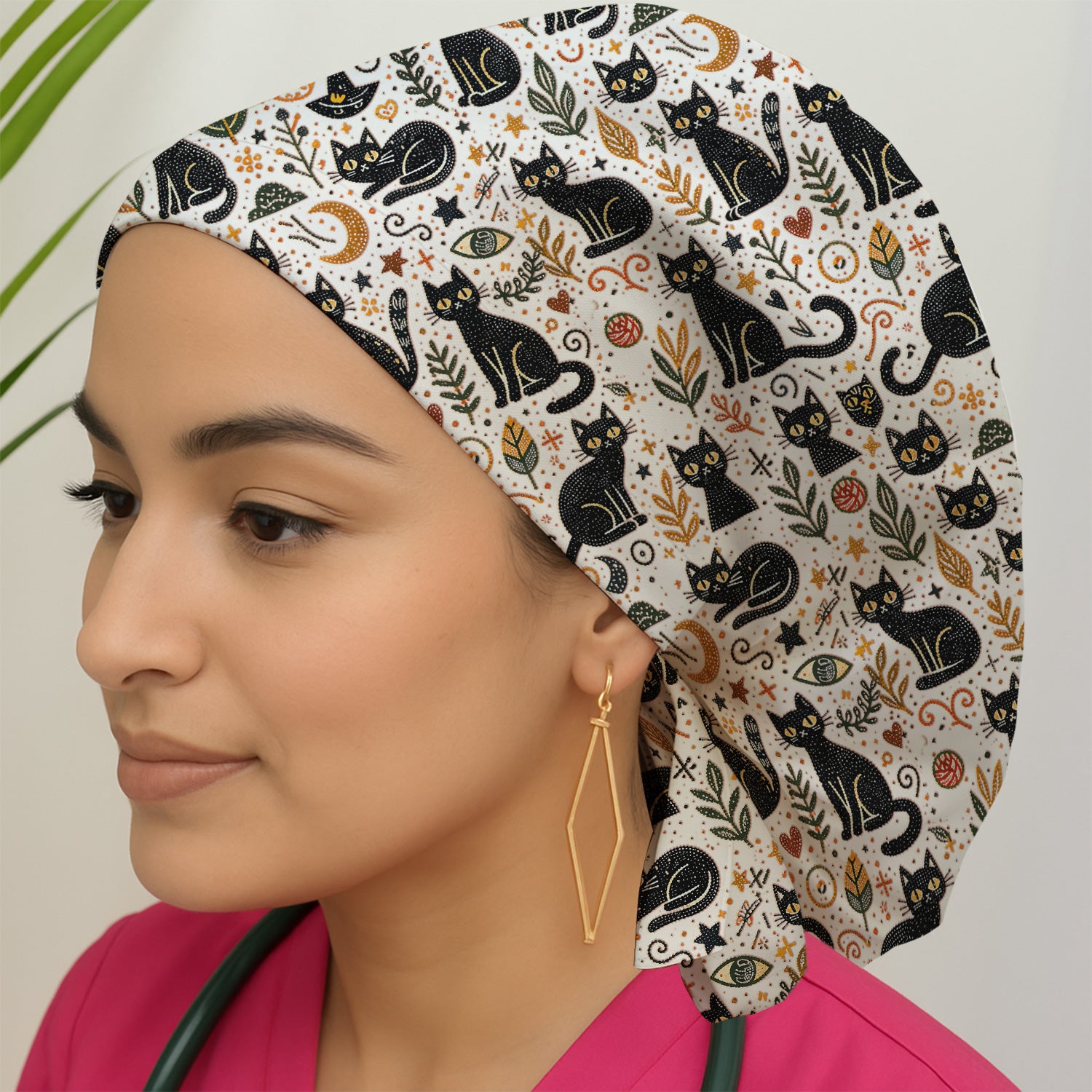 Mystic Black Cat Celestial Doodle Pattern Cap, Bouffant Scrub Caps for Women