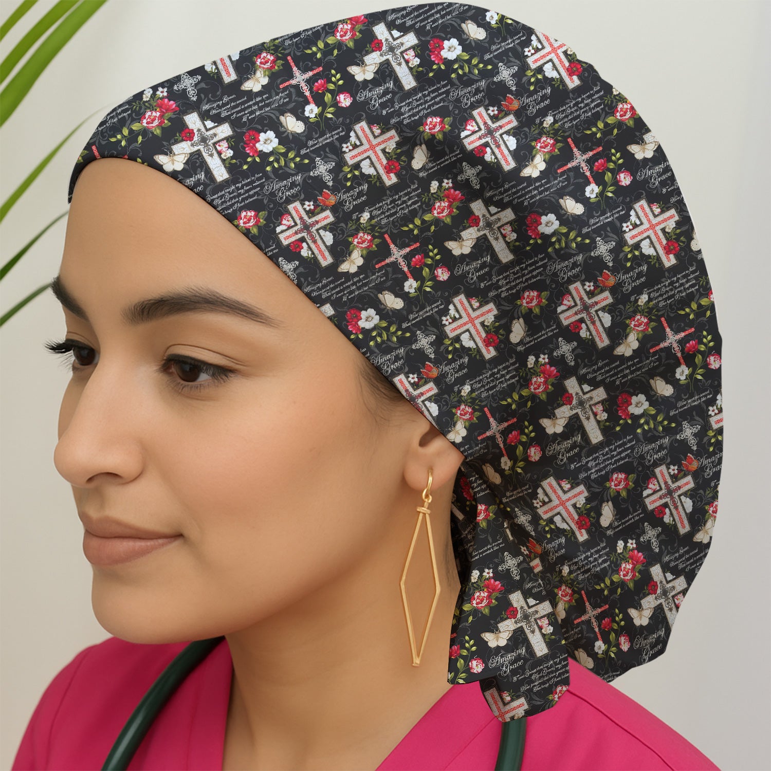 Christian Cross Roses And Butterflies Print Scrub Cap, Surgical Caps for Doctors
