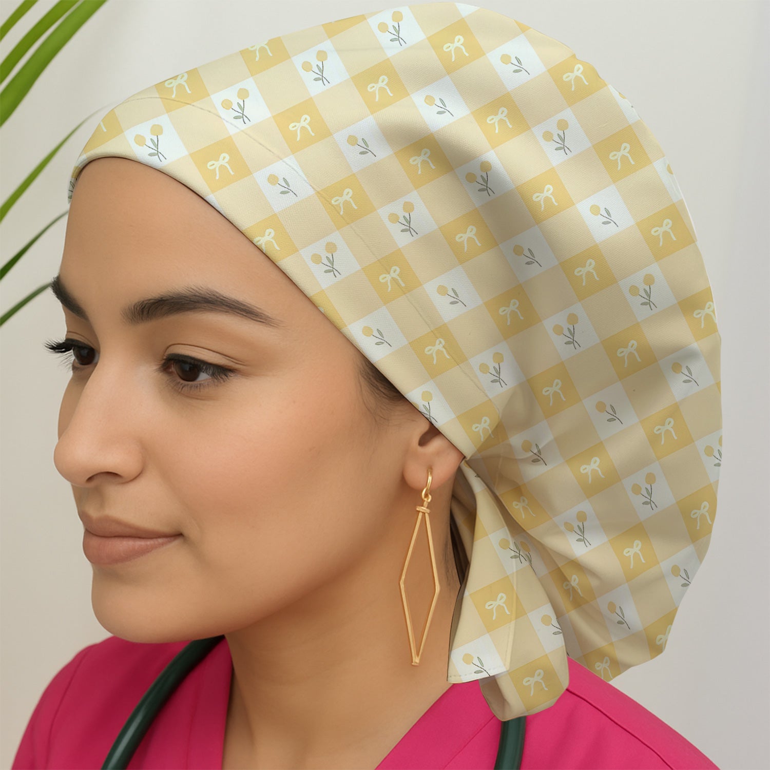 Yellow Gingham Bow Floral Pattern Scrub Cap, Bouffant Scrub Caps for Women