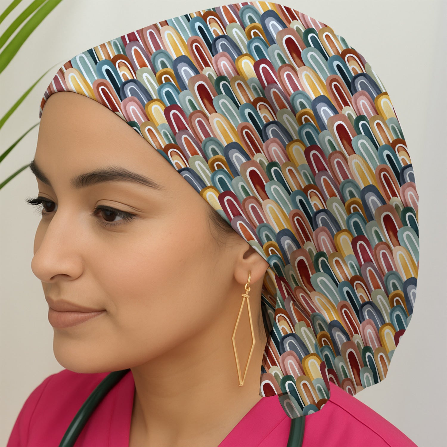 Retro Boho Rainbow Arch Pattern Scrub Cap, Bouffant Scrub Caps for Women