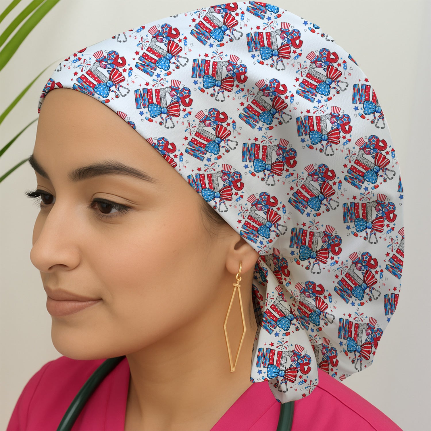 USA Nurse Stethoscope Patriotic Bow Hat Pattern Caps, Bouffant Scrub Caps for Women