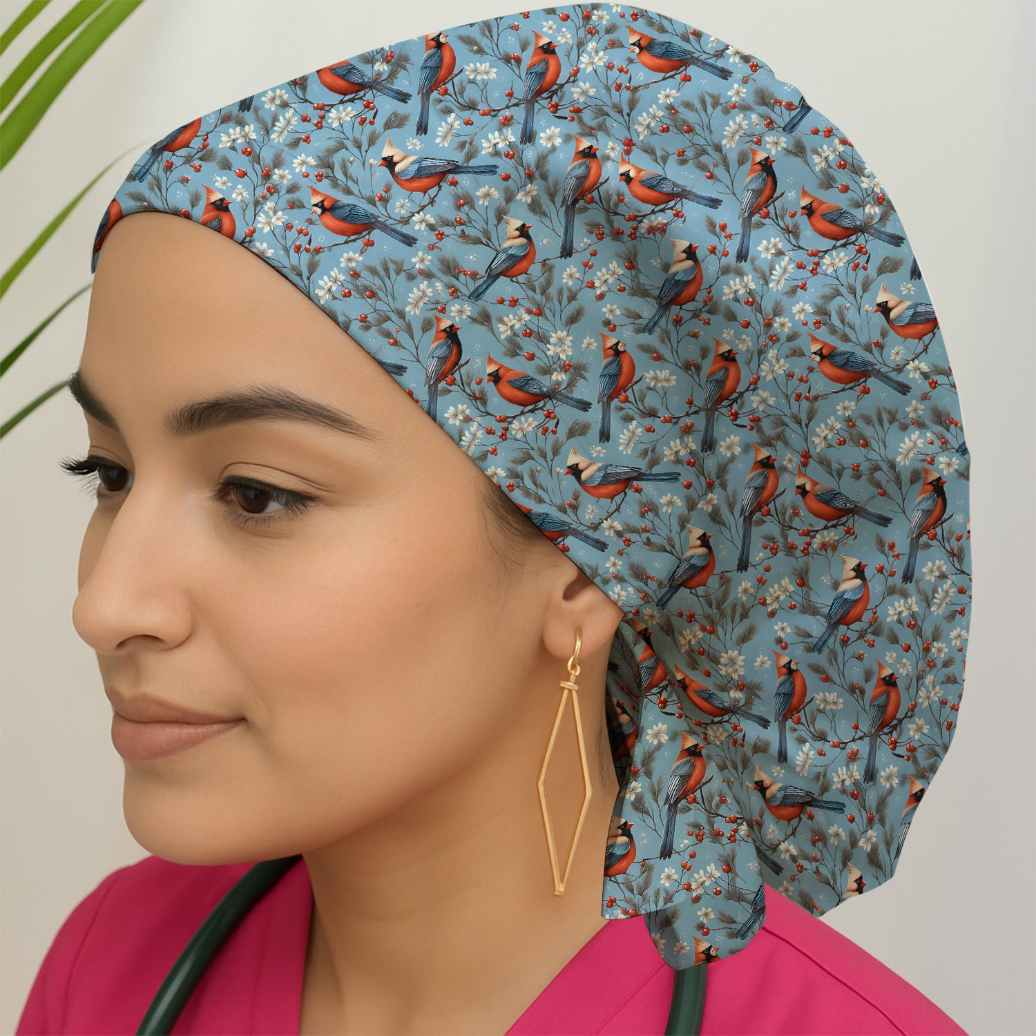 Cute Cardinal Berry Blossom Pattern Scrub Cap, Surgical Caps for Doctors