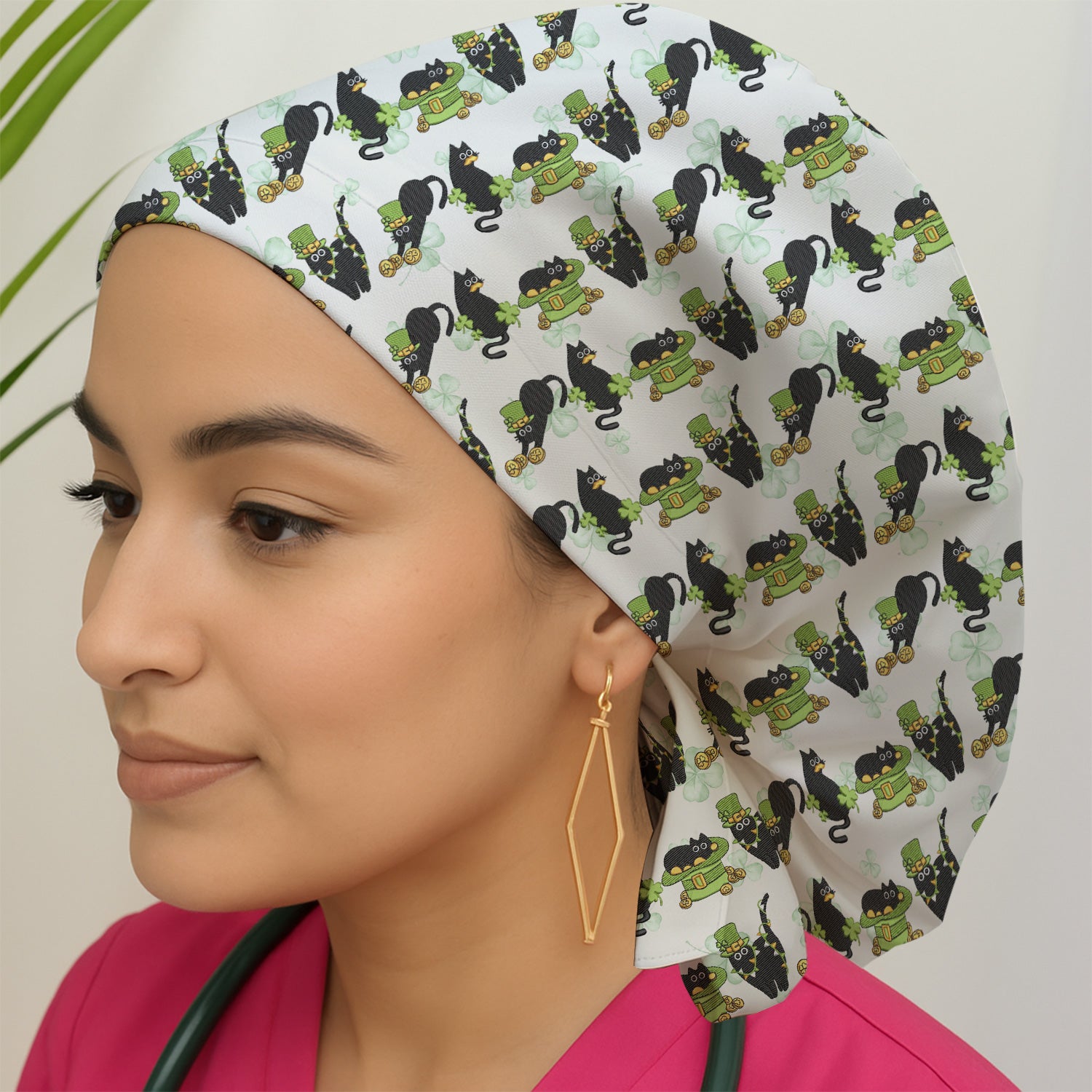 St. Patrick Black Cat Clover Print Scrub Cap, Bouffant Scrub Caps for Women