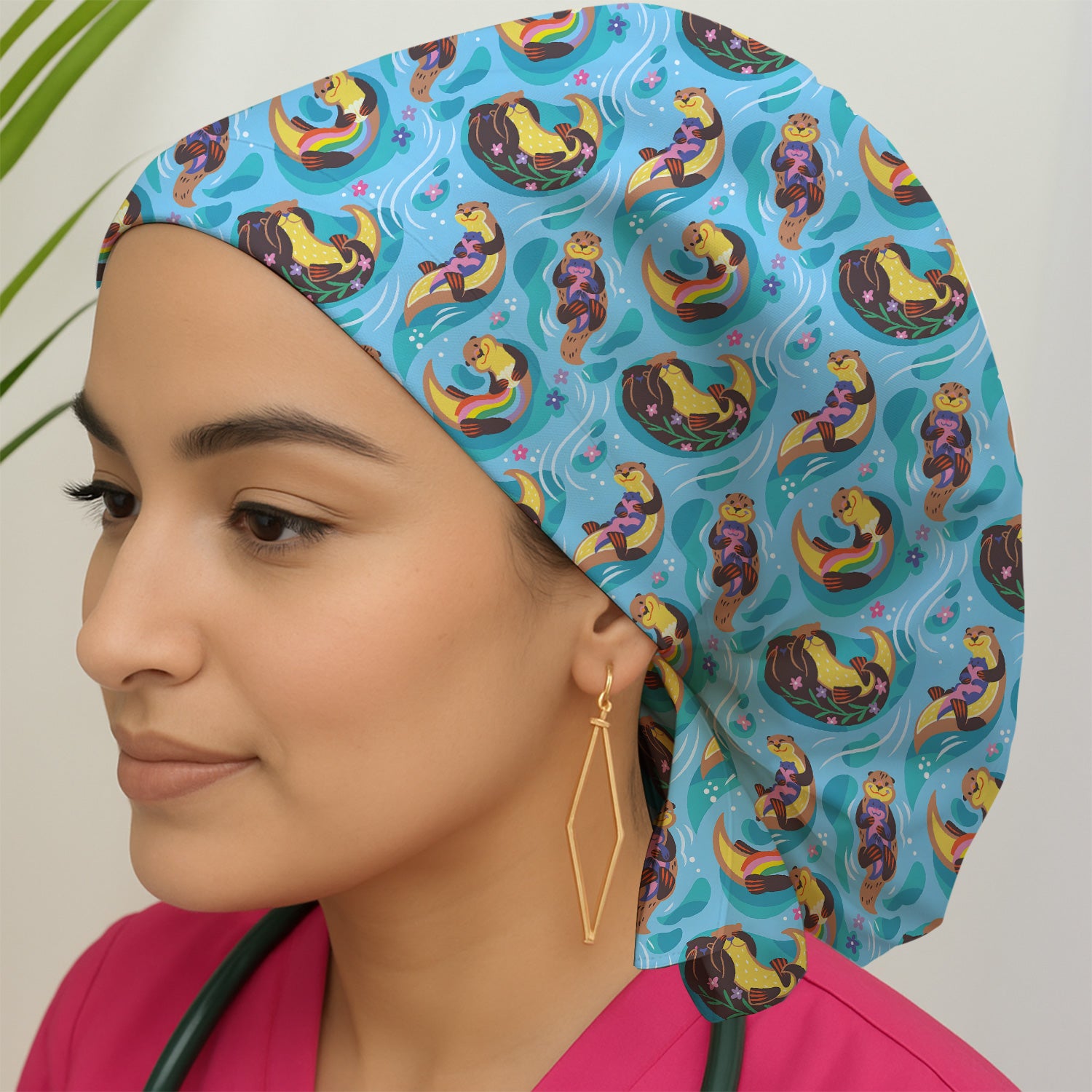 Otter Floating River Rainbow Pattern Nurse Scrub Cap, Surgical Caps for Doctors