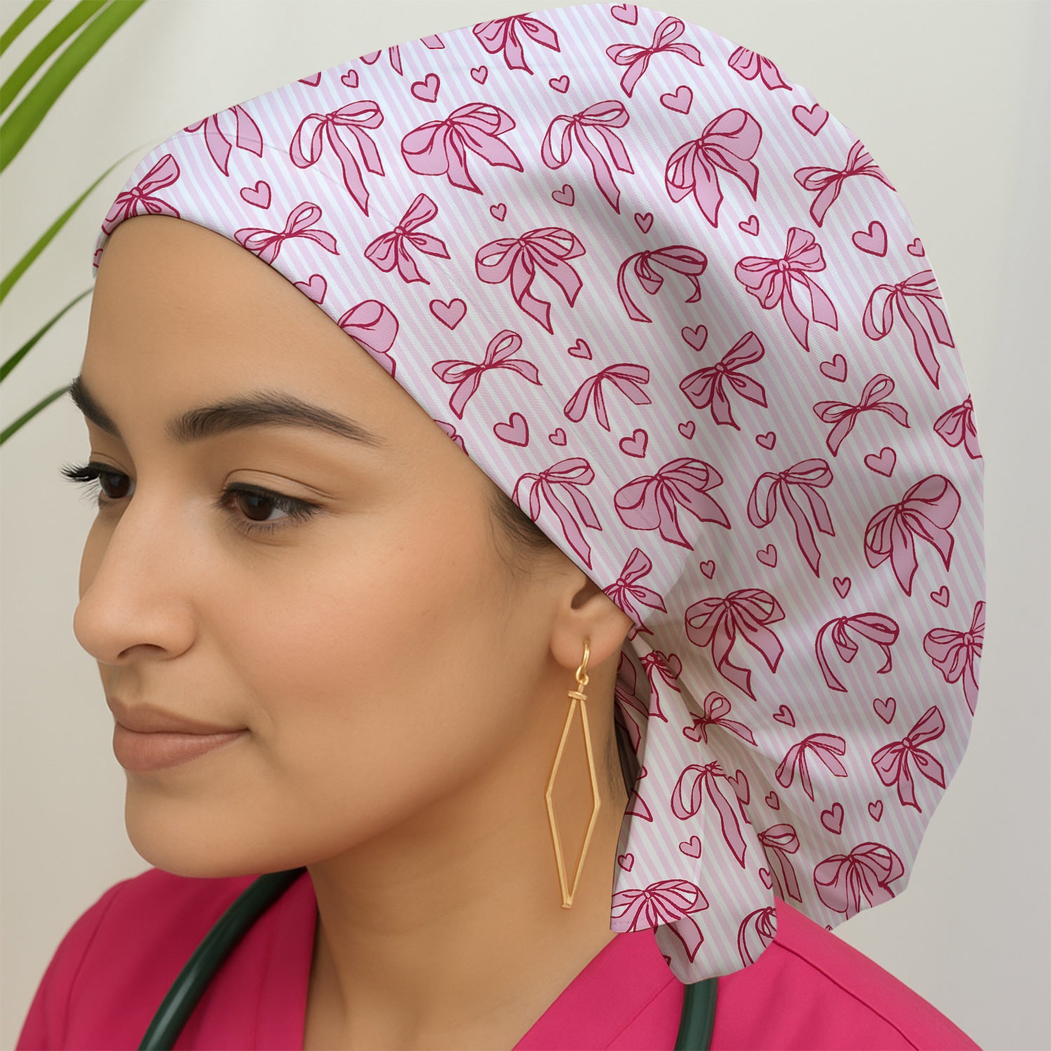 Pink Bow Heart Stripe Pattern Scrub Cap, Breathable Fabrics Caps Uniform